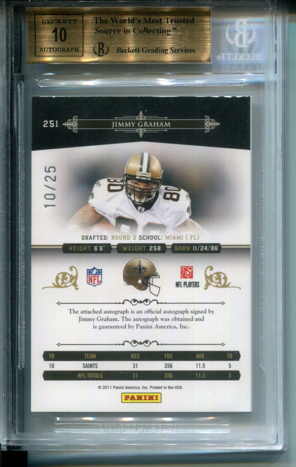 2010 Playoff National Treasures Century Gold Jimmy Graham 25 #251 BGS 9.5