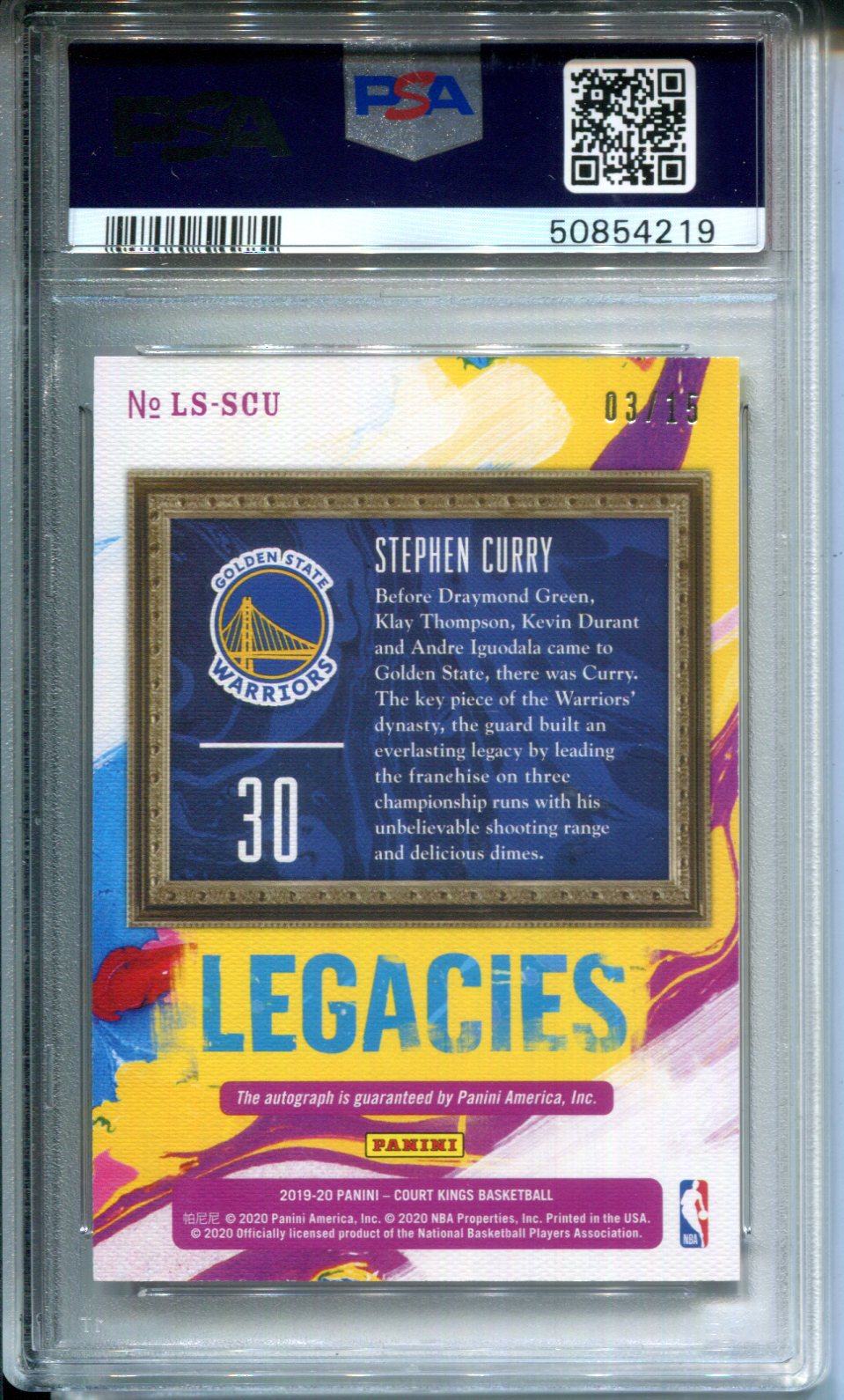 2019-20 Panini Court Kings Legacies Stephen Curry #3/15 Ruby ON CARD AUTO PSA 9