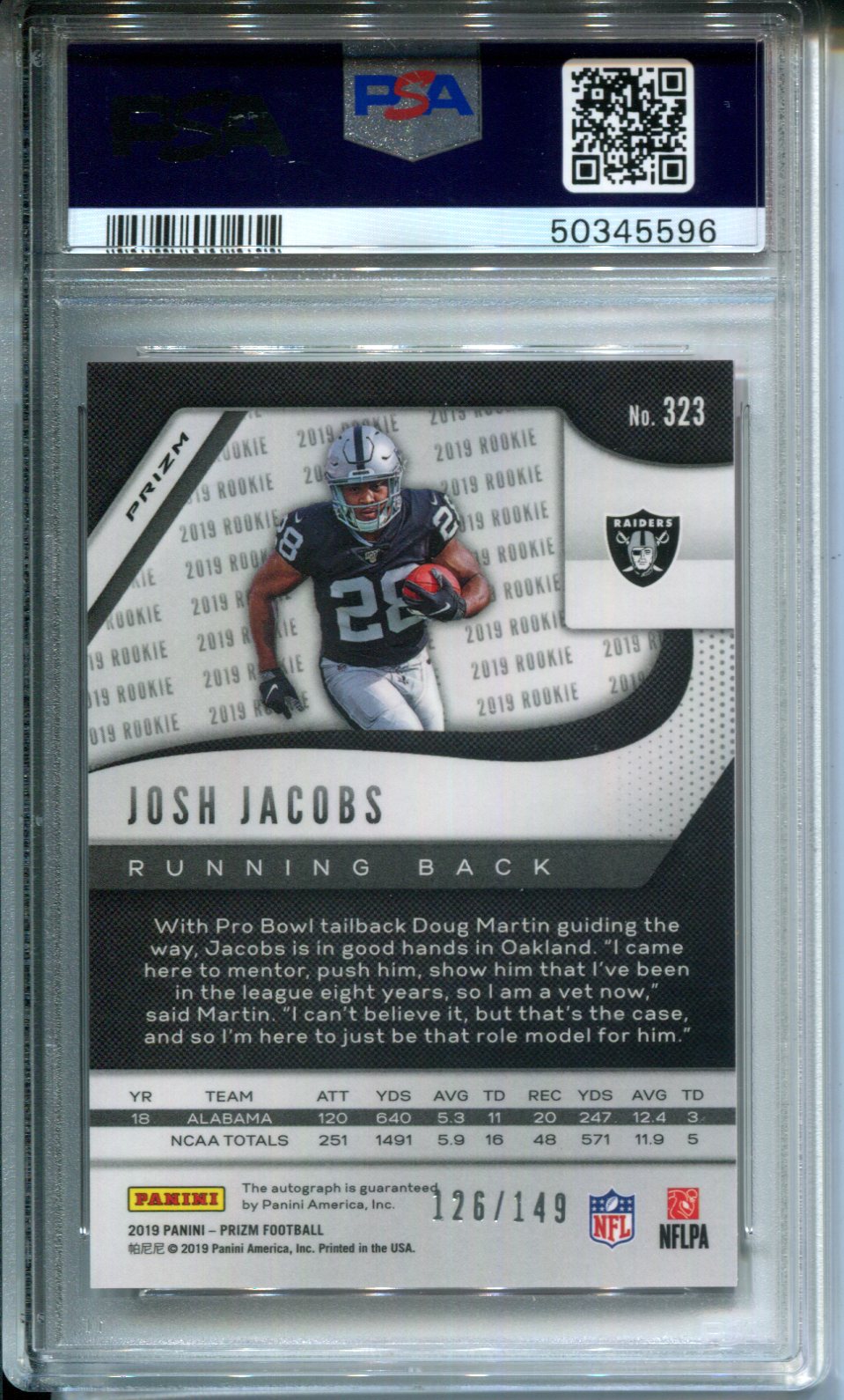 2019 Panini Prizm Josh Jacobs #323 Auto Red Wave #126/149 Rookie PSA 9