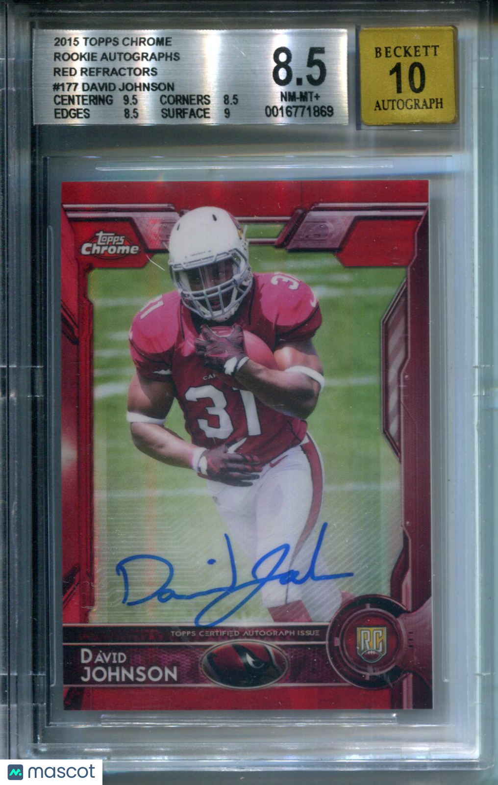 2015 Topps Chrome Rookie AUTO Red Refractor #4/5 David Johnson #177 BGS 8.5