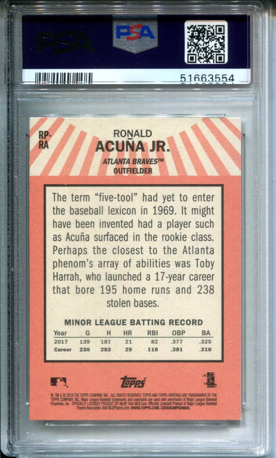 2018 Topps Heritage Rookie Performers Ronald Acuna JR. PSA 10