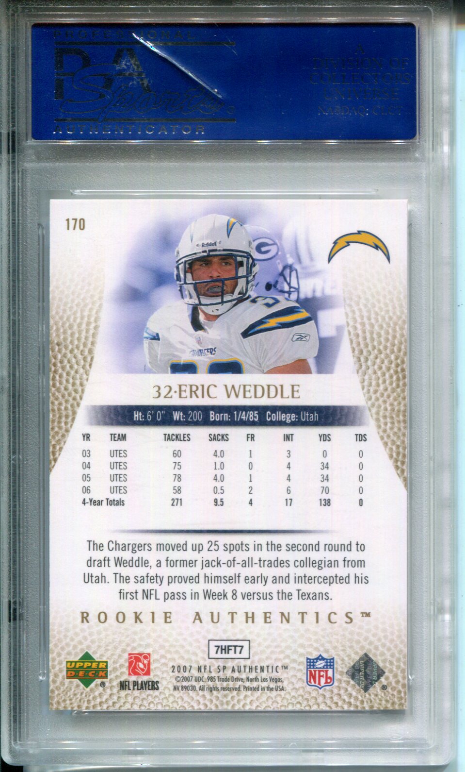 2007 SP Authentic Eric Weddle #170 Gold Rookie PSA 10