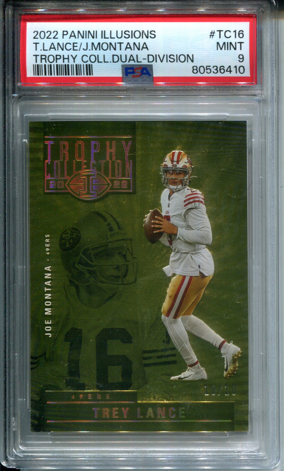 2022 Panini Illusions Trophy Collection Joe Montana Trey Lance GOLD #10/10 PSA 9