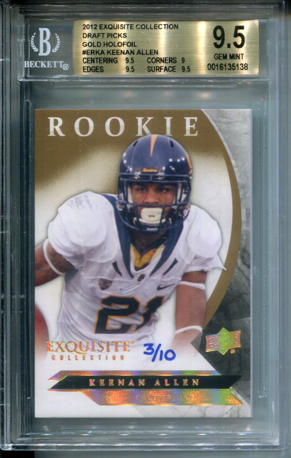 2012 Exquisite Collection Gold #3/10 Holofoil Keenan Allen Rookie BGS 9.5