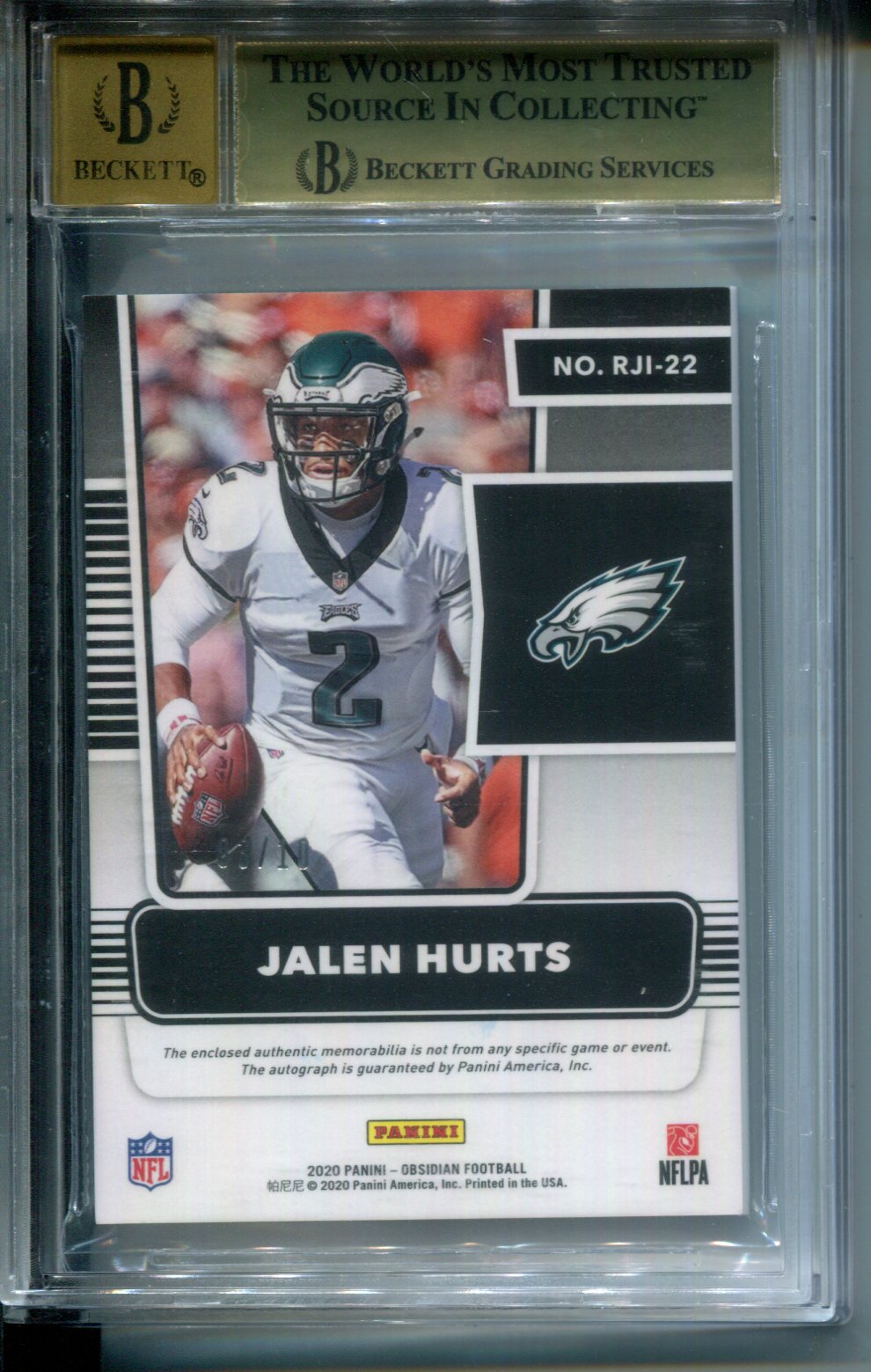 2020 Panini Obsidian RPA Rookie LOGO Patch AUTO Red Jalen Hurts #3/10 BGS 9.5