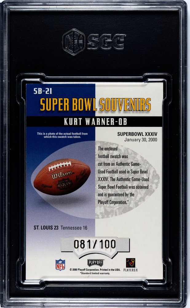 2000 Playoff Momentum Kurt Warner Super Bowl Souvenirs Football /100 SGC 9 POP 1