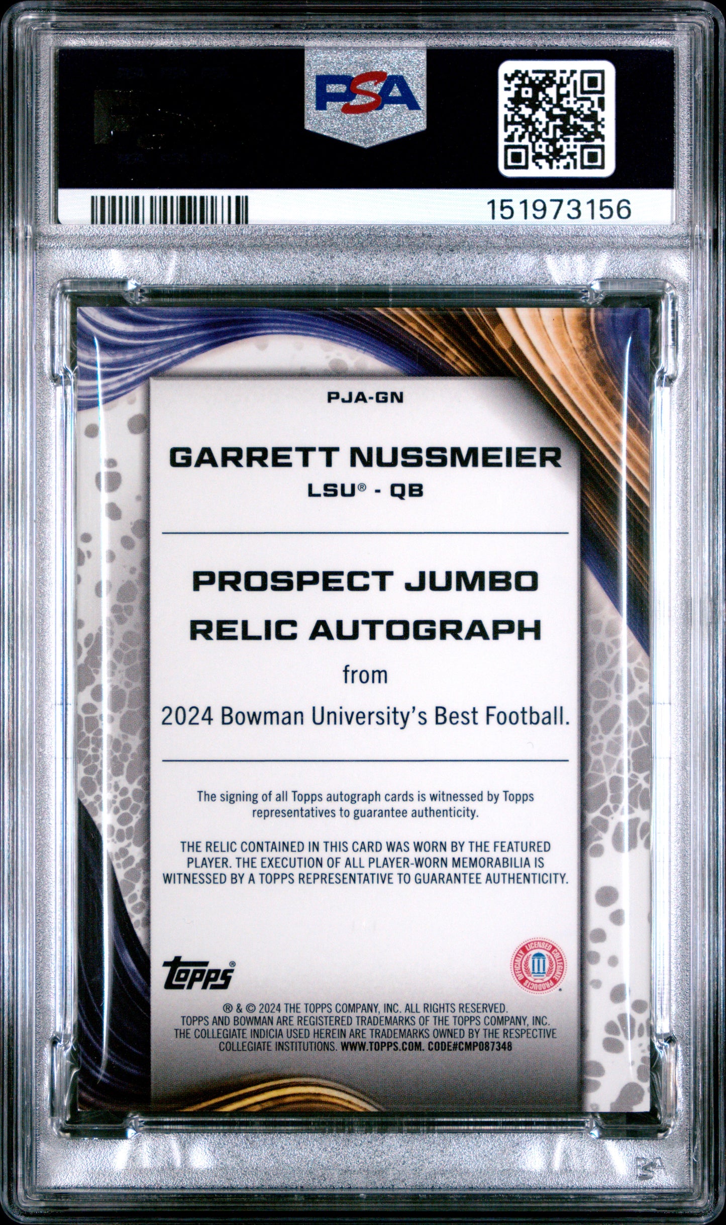 2024 Bowman University Prospect Jumbo Relic Auto Garrett Nussmeier /99 PSA 9