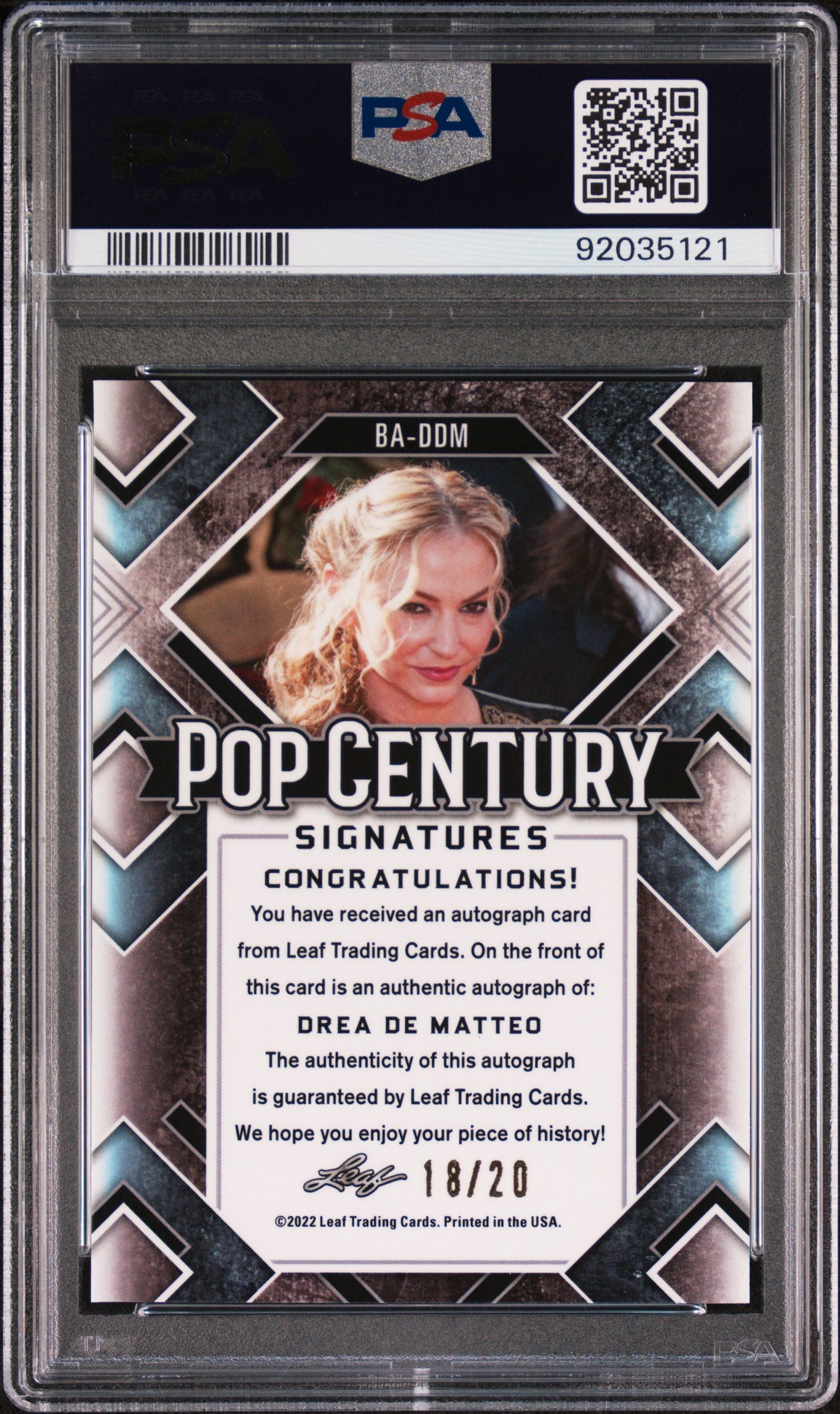 Drea De Matteo 2022 Leaf Metal Pop Century Autograph AUTO #18/20 Blue PSA 10