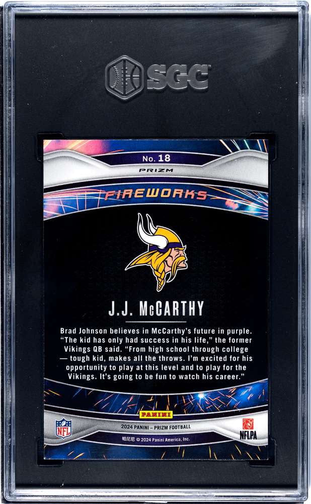2024 Panini Prizm JJ Mccarthy #18 Fireworks Green Wave SGC 9