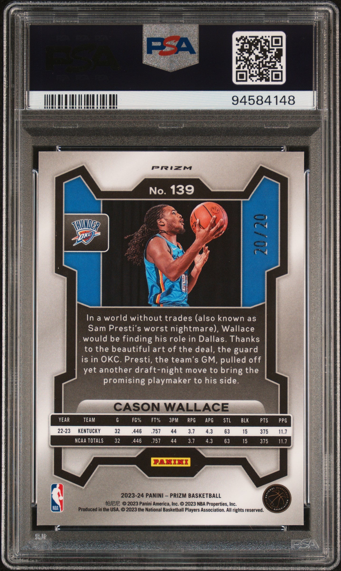 2023-24 Panini Prizm Cason Wallace #139 Bronze Fast Break Rookie #20/20 PSA 9