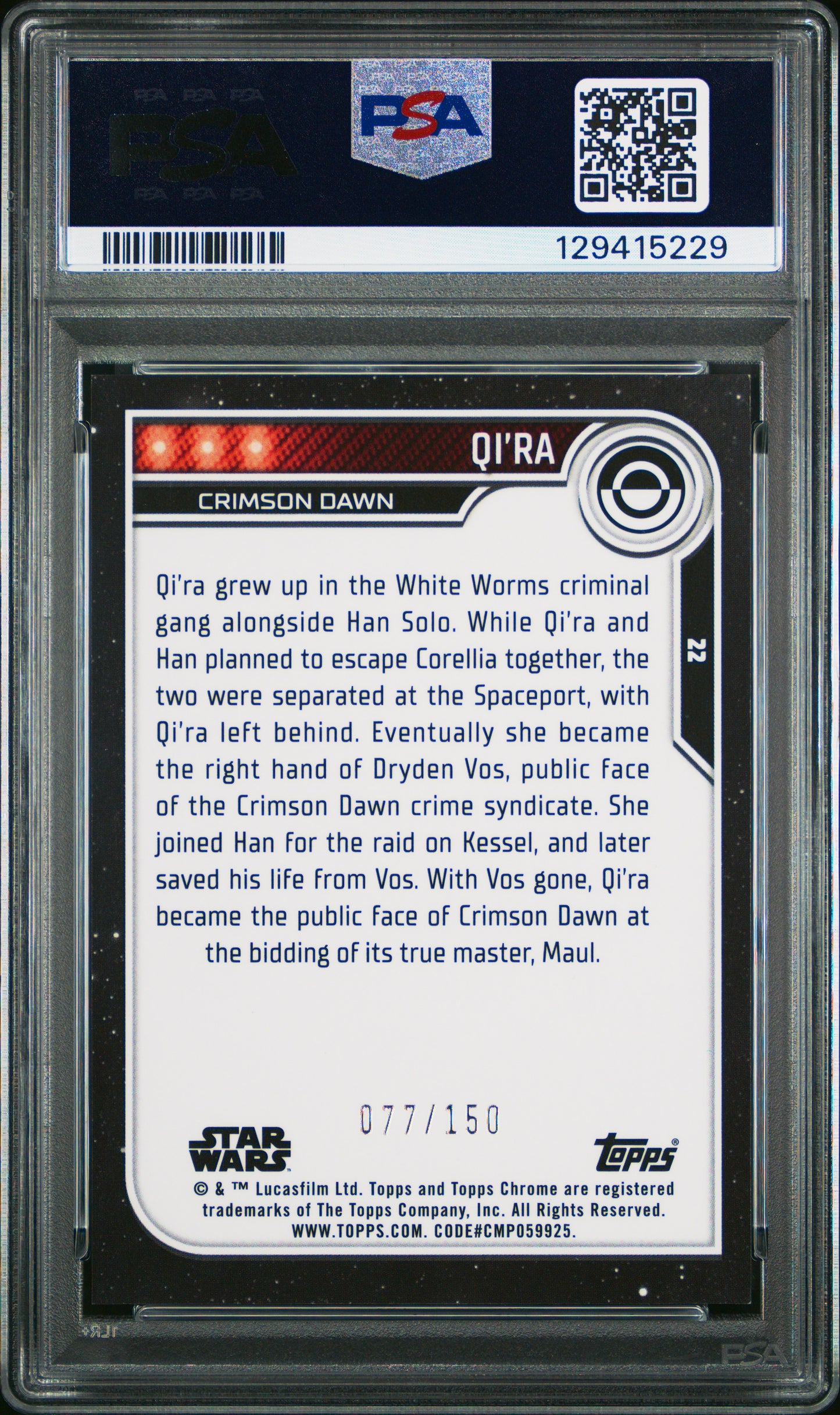 Qi'ra 2023 Topps Chrome Star Wars Blue Refractor PSA 10 pop 1 /150
