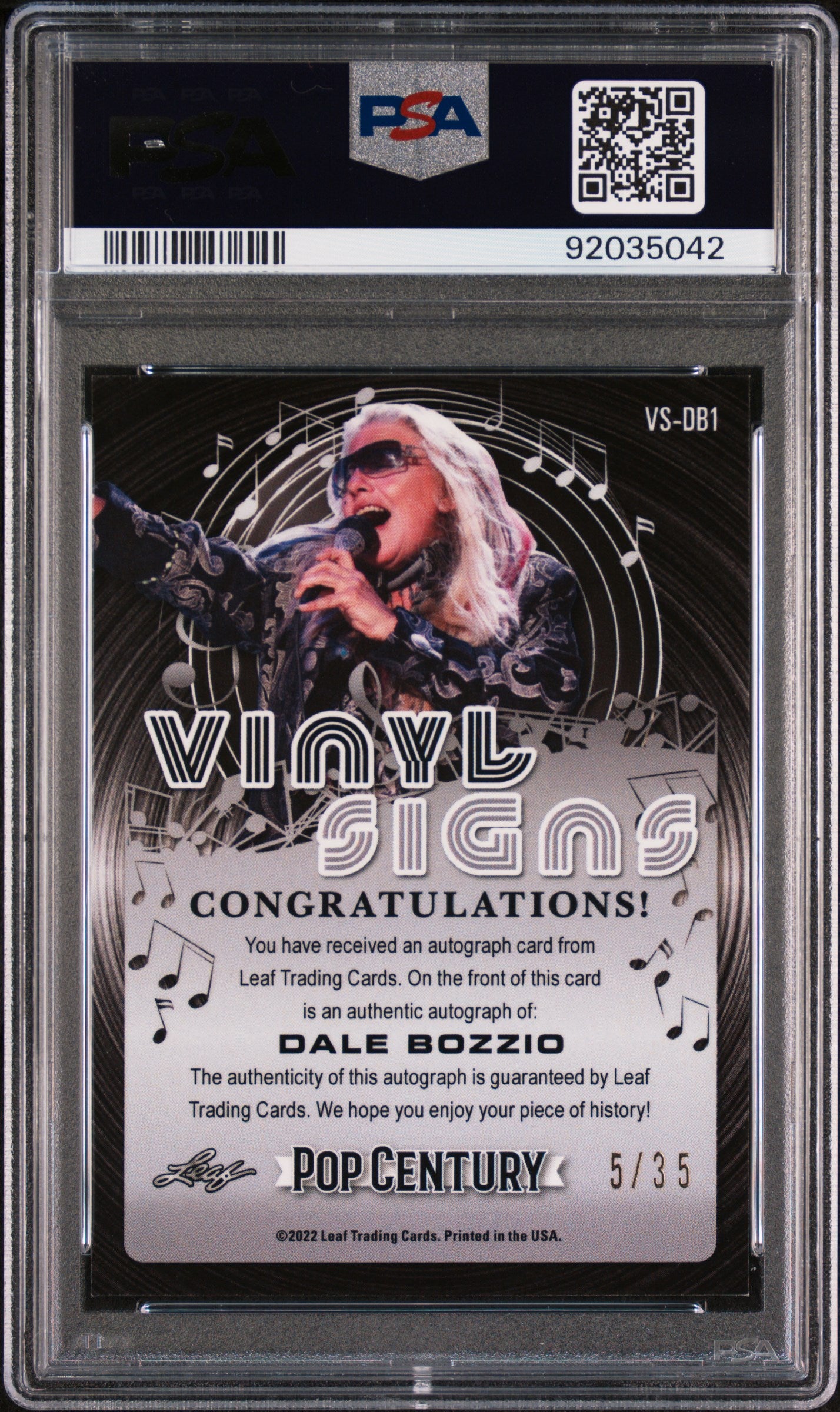 Dale Bozzio 2022 Leaf Metal Pop Century Vinyl Signs AUTO #5/35 Blue PSA 10