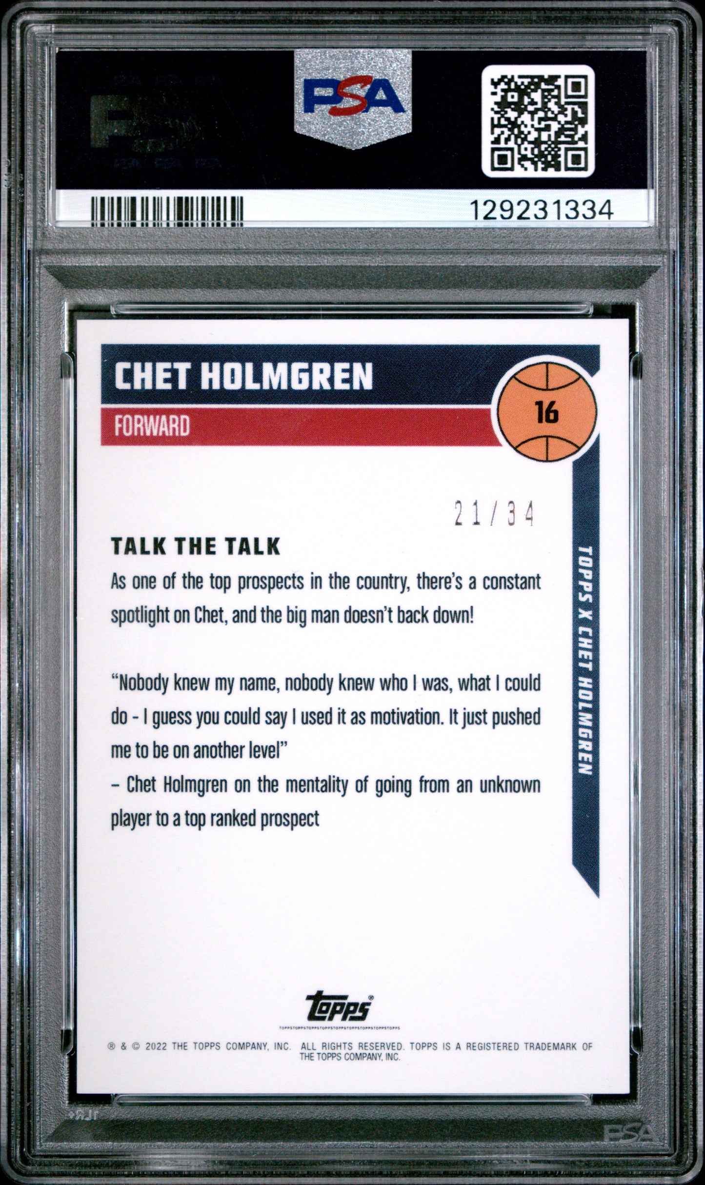 2022-23 X Chet Holmgren Curated Chet Holmgren Blue Red Grdnt. PSA 9 POP 1 /34