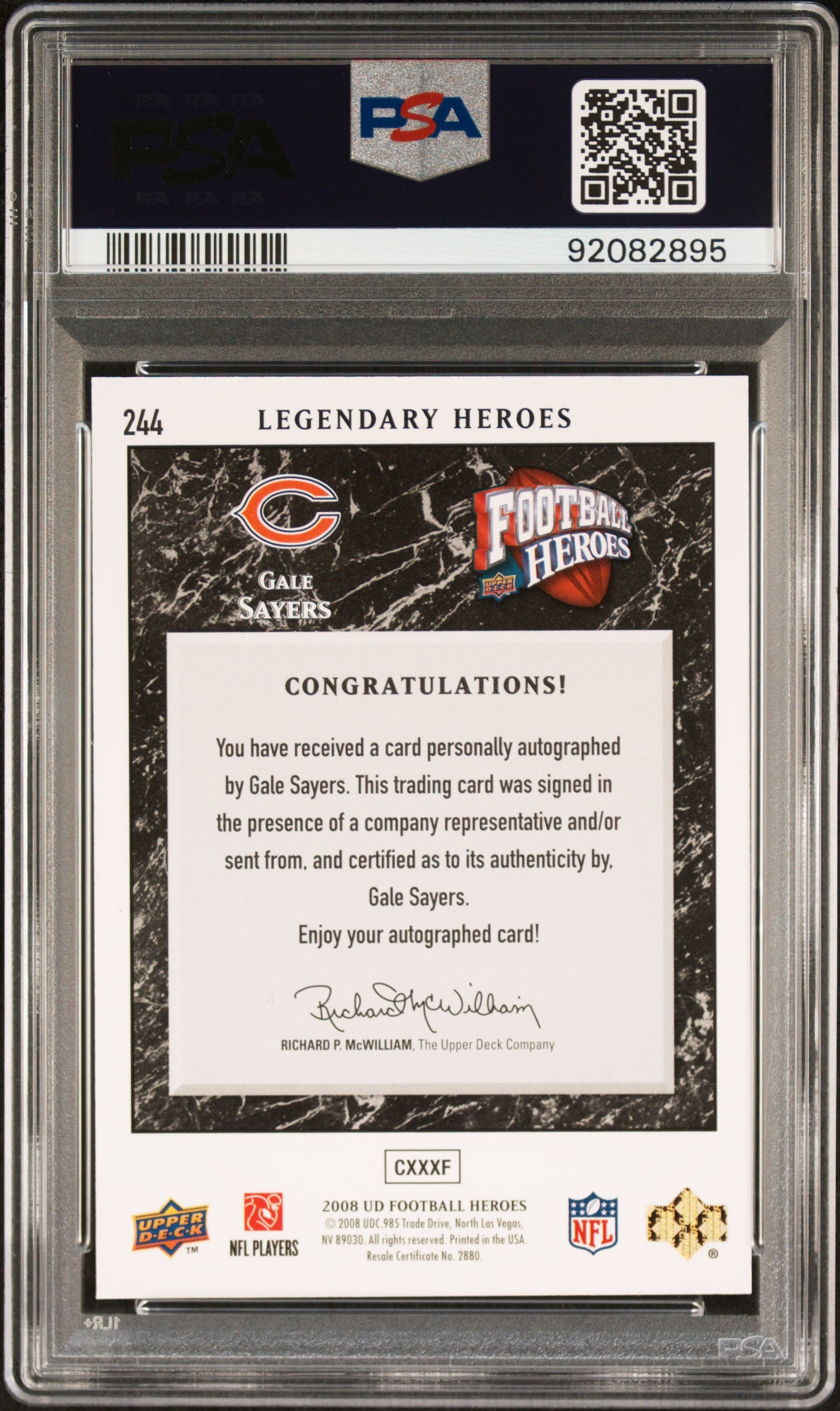 2008 Upper Deck Heroes Gale Sayers #244 AUTO Black #1/1 BEARS PSA 9