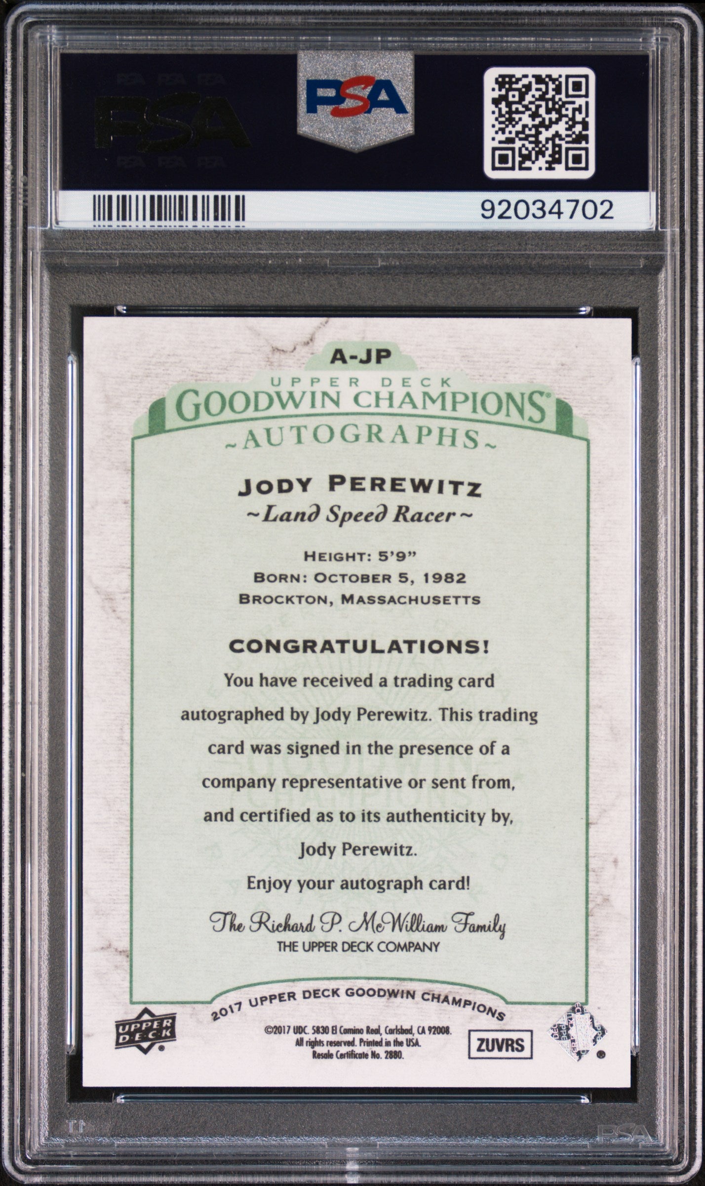 2017 Upper Deck Goodwin Champions Jody Perewitz AUTO Inscribed /675 PSA 10