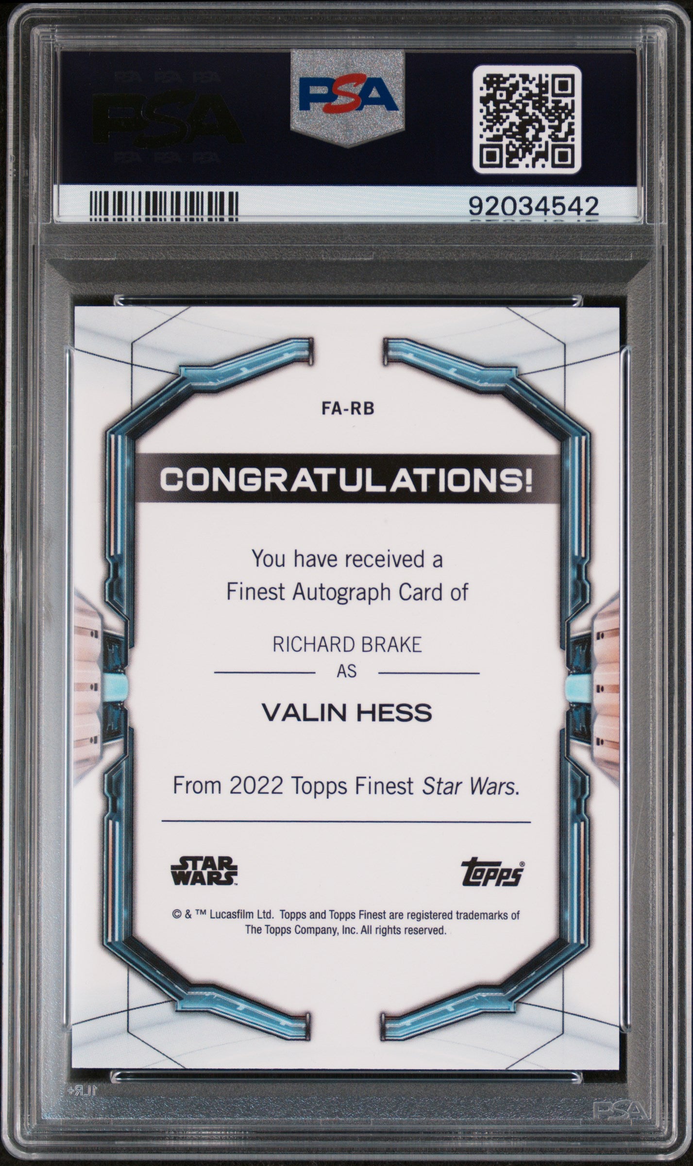 Richard Brake VALIN HESS 2022 Topps Finest Star Wars Auto Aqua Refr. /199 PSA 10