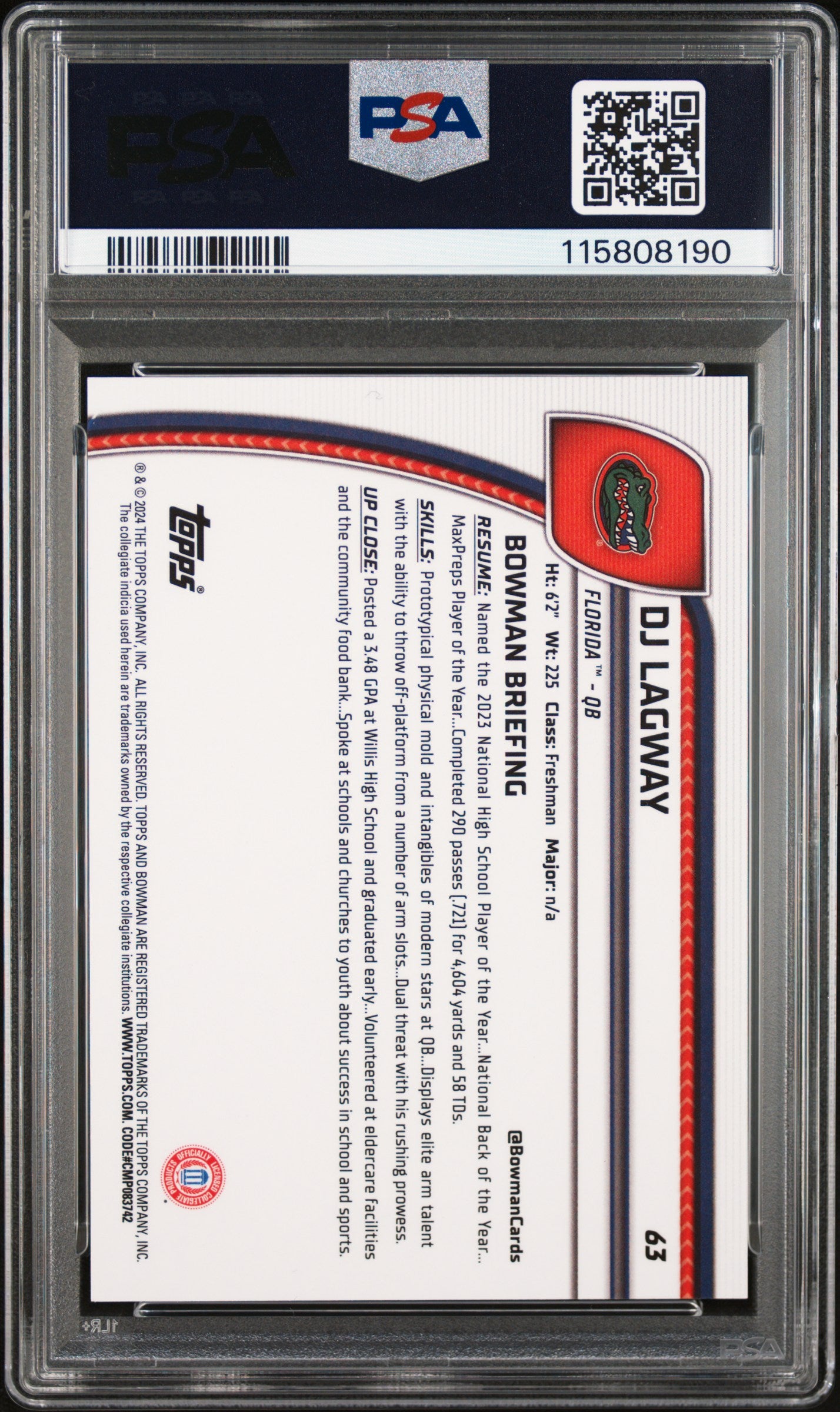 2024 Bowman University Chrome DJ Lagway #63 Yellow Refractor PSA 9
