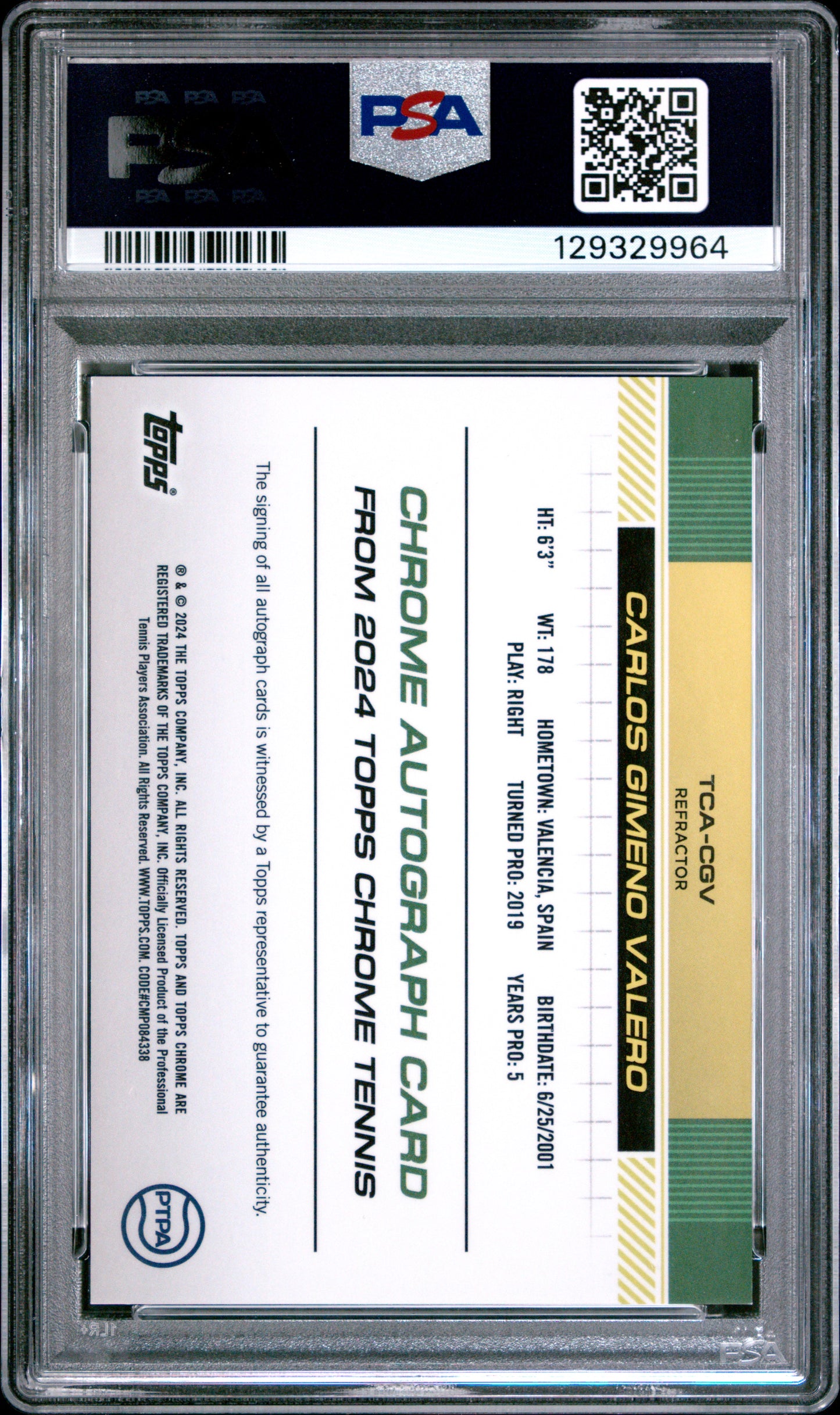 2024 Chrome Tennis Auto Carlos Gimeno Valero Refractor 486/499 PSA 9 pop 1