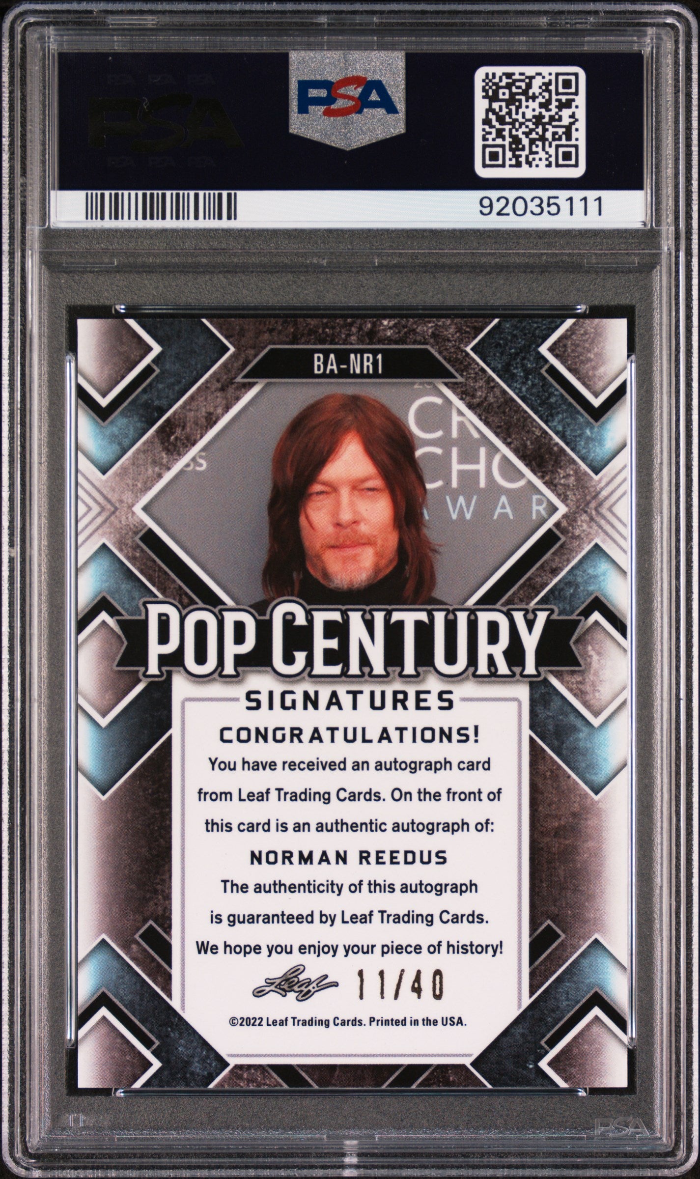 Norman Reedus 2022 Leaf Metal Pop Century Autograph #11/40 Auto Silver PSA 9