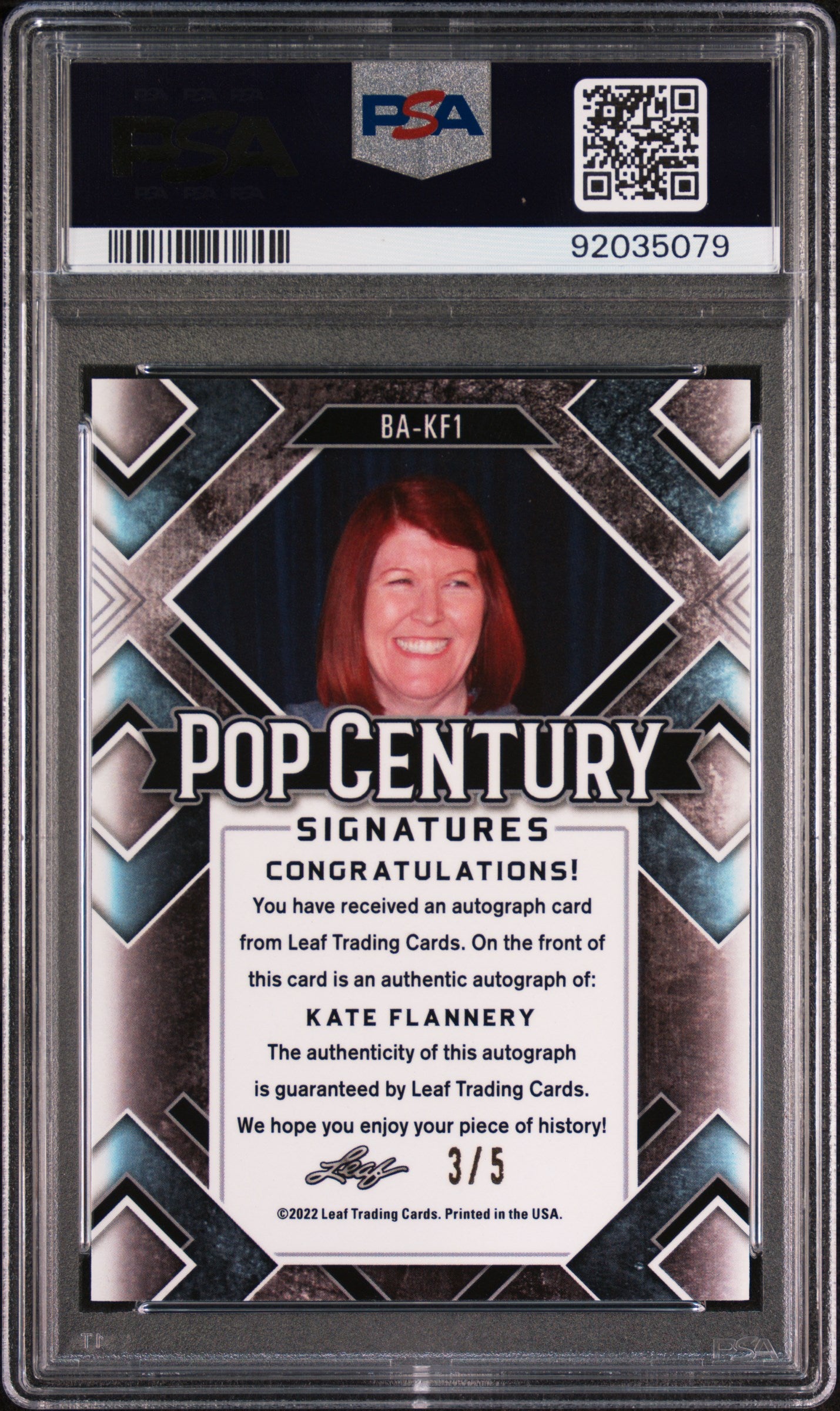 Kate Flannery 2022 Leaf Metal Pop Century Autograph AUTO #3/5 Black Mojo PSA 10