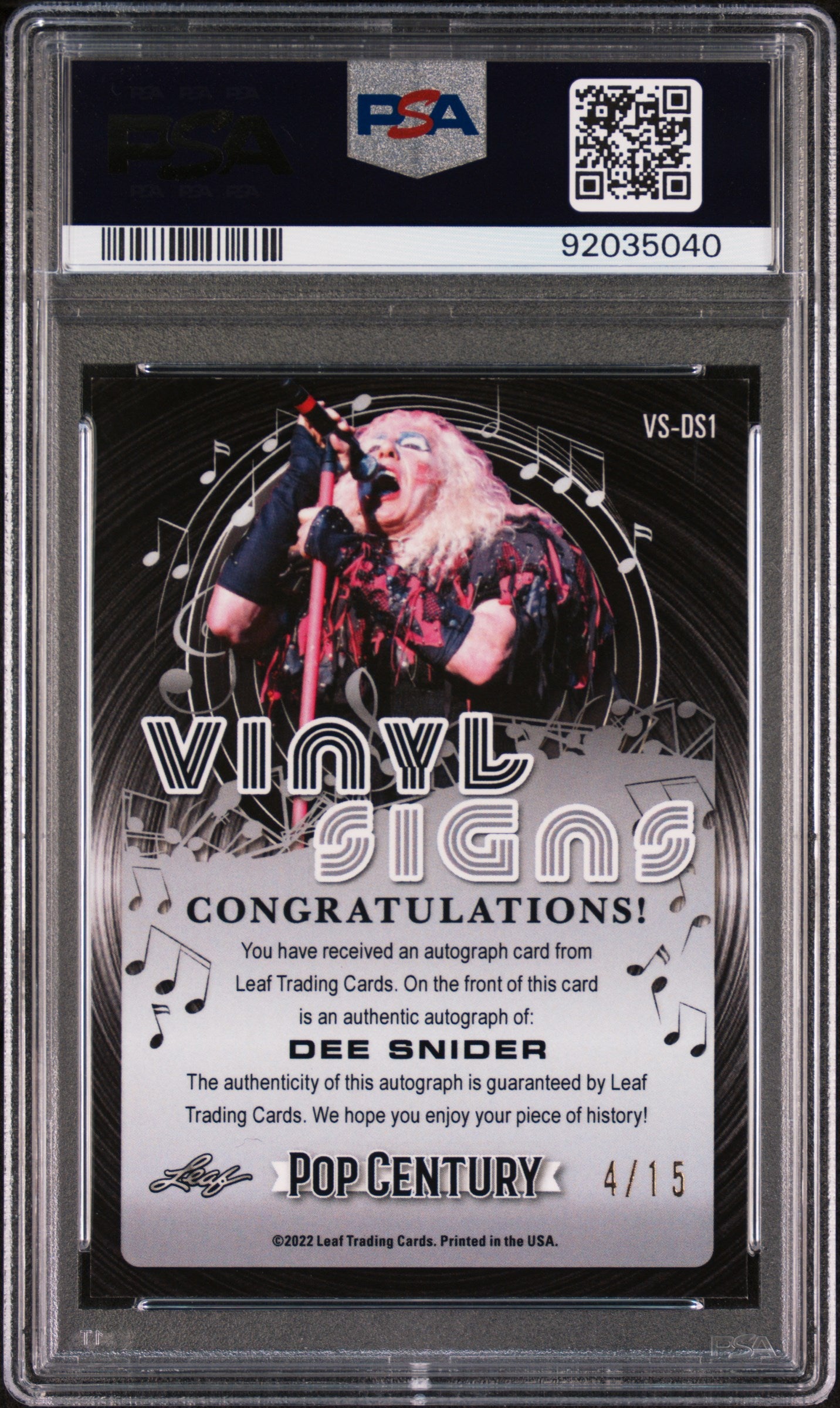 Dee Snider 2022 Leaf Metal Pop Century Vinyl Signs AUTO Blue #4/15 PSA 10