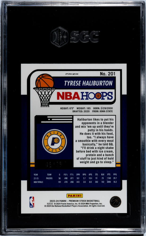 2023-24 Hoops Premium Stock Tyrese Haliburton White Ice Prizm SGC 9.5 POP 1