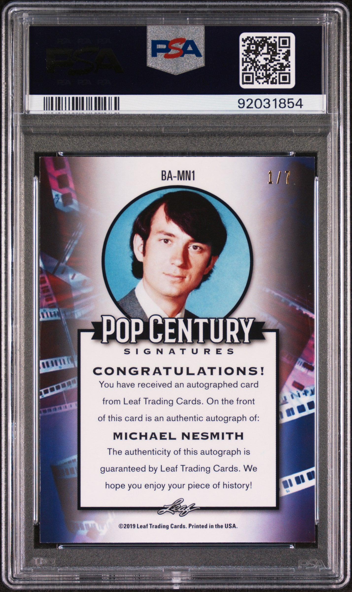 Michael Nesmith 2019 Leaf Metal Pop Century AUTO Pop Century Purple #1/7 PSA 10