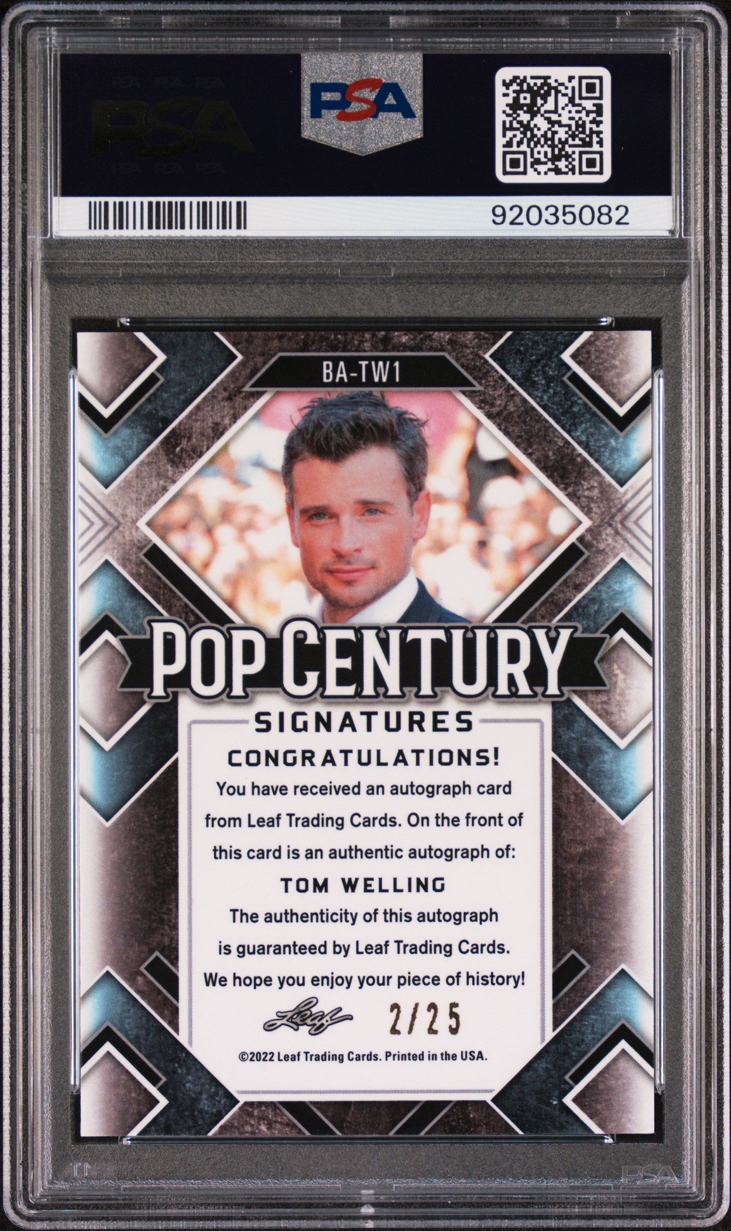 Tom Welling 2022 Leaf Metal Pop Century Autograph AUTO #2/25 Blue Mojo PSA 10