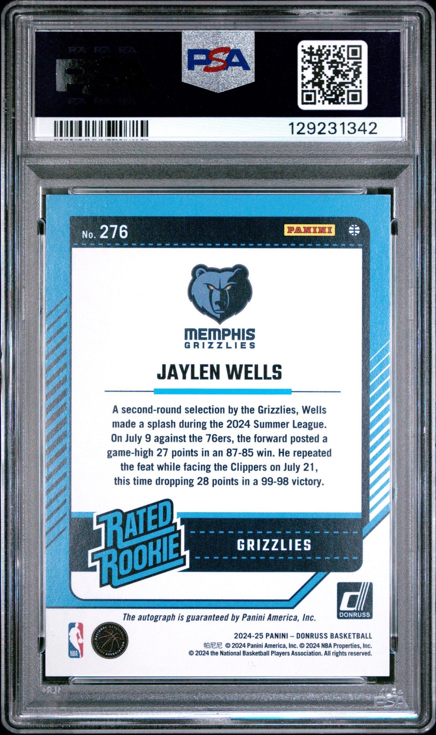 2024-25 Panini Donruss Jaylen Wells #276 RR SIG Holo Pink Laser PSA 8 POP 1