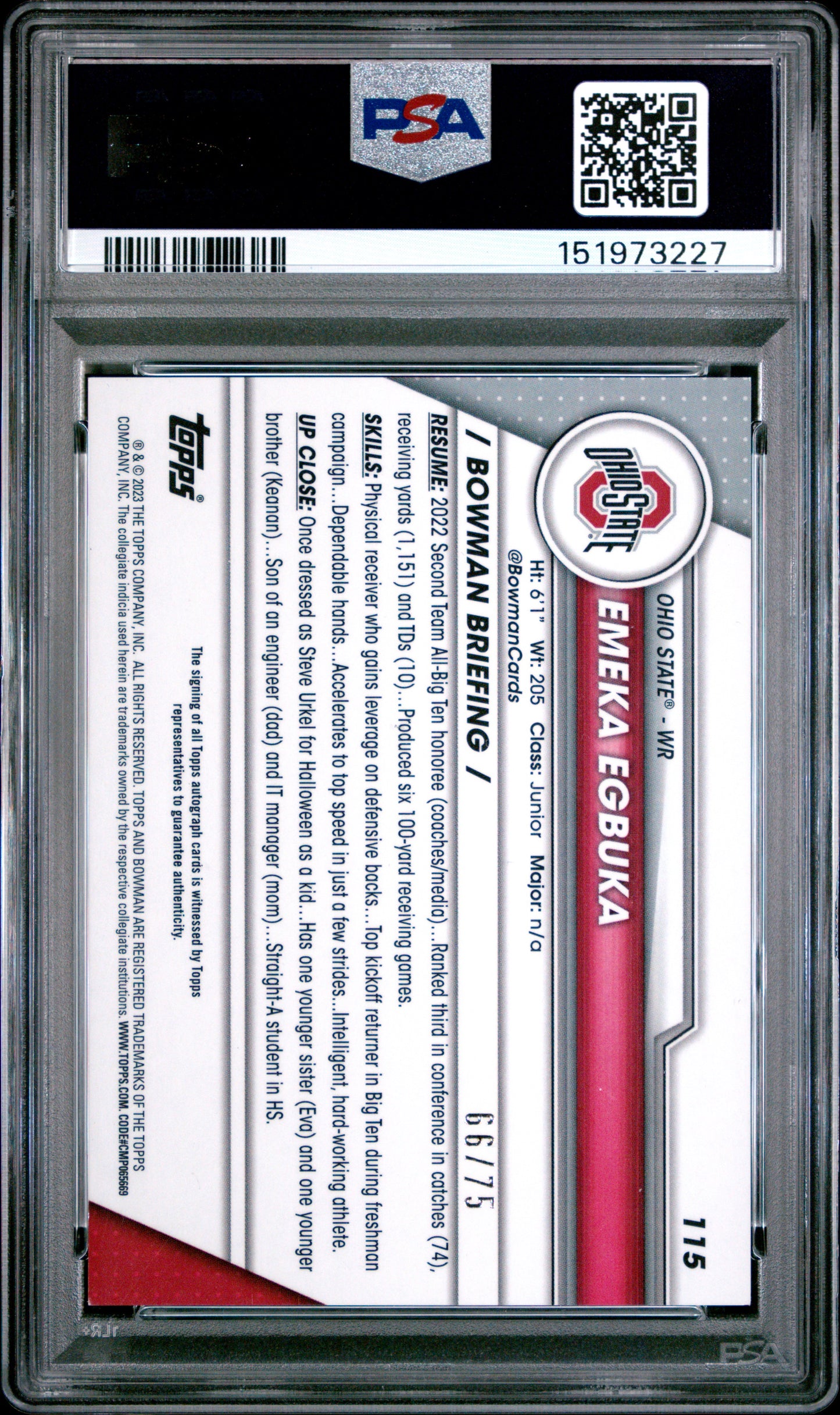 2023 Bowman University Chrome Emeka Egbuka #115 Auto Yellow Refractor #/75 PSA 8