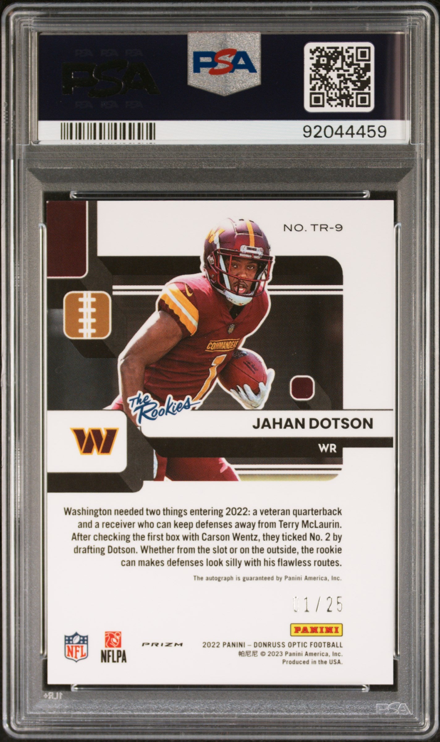 2022 Panini Donruss Optic The Rookies Jahan Dotson AUTO #1/25 Purple Stars PSA 9