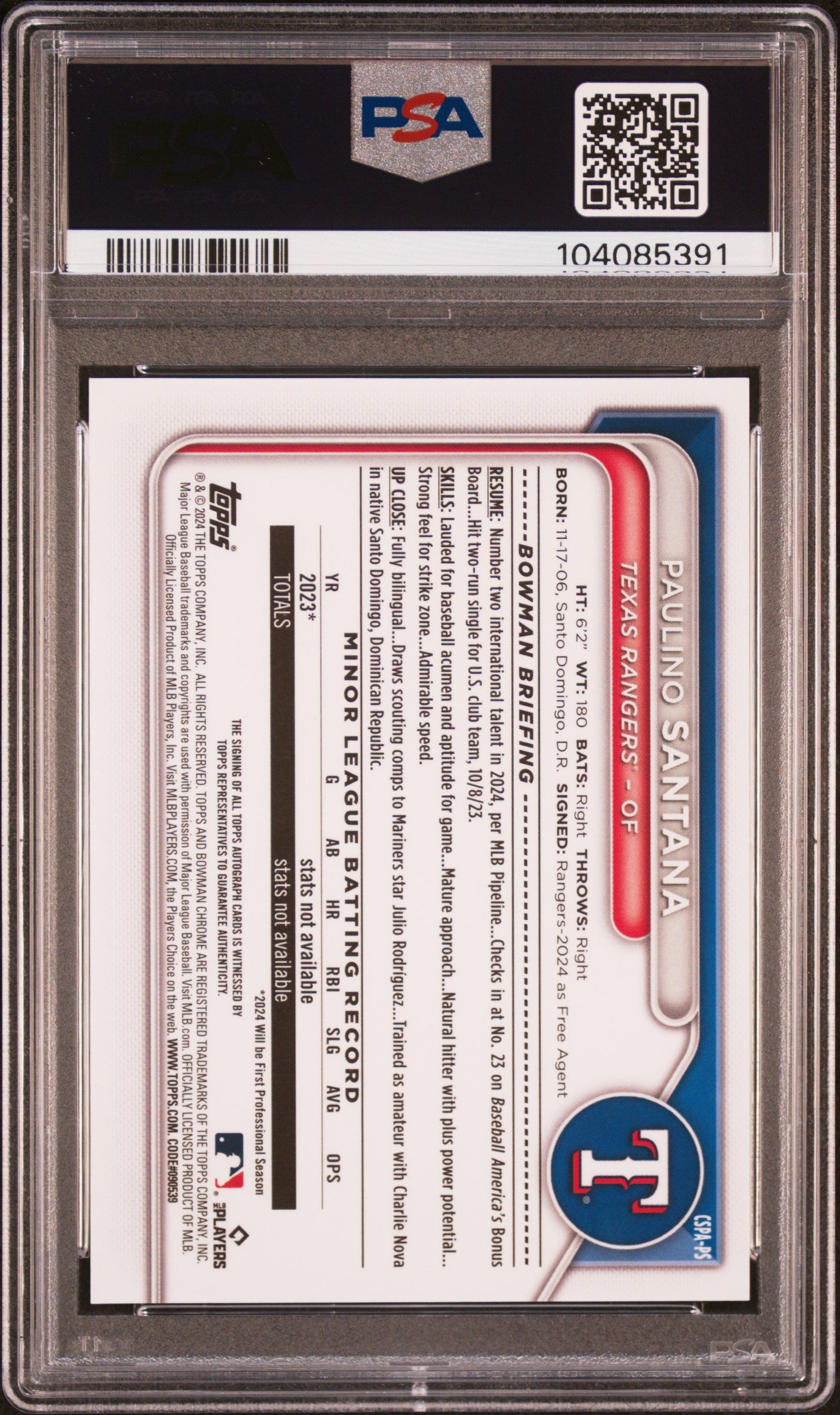 2024 Bowman Chrome Sapphire Edition Prospects AUTO Paulino Santana #/199 PSA 9