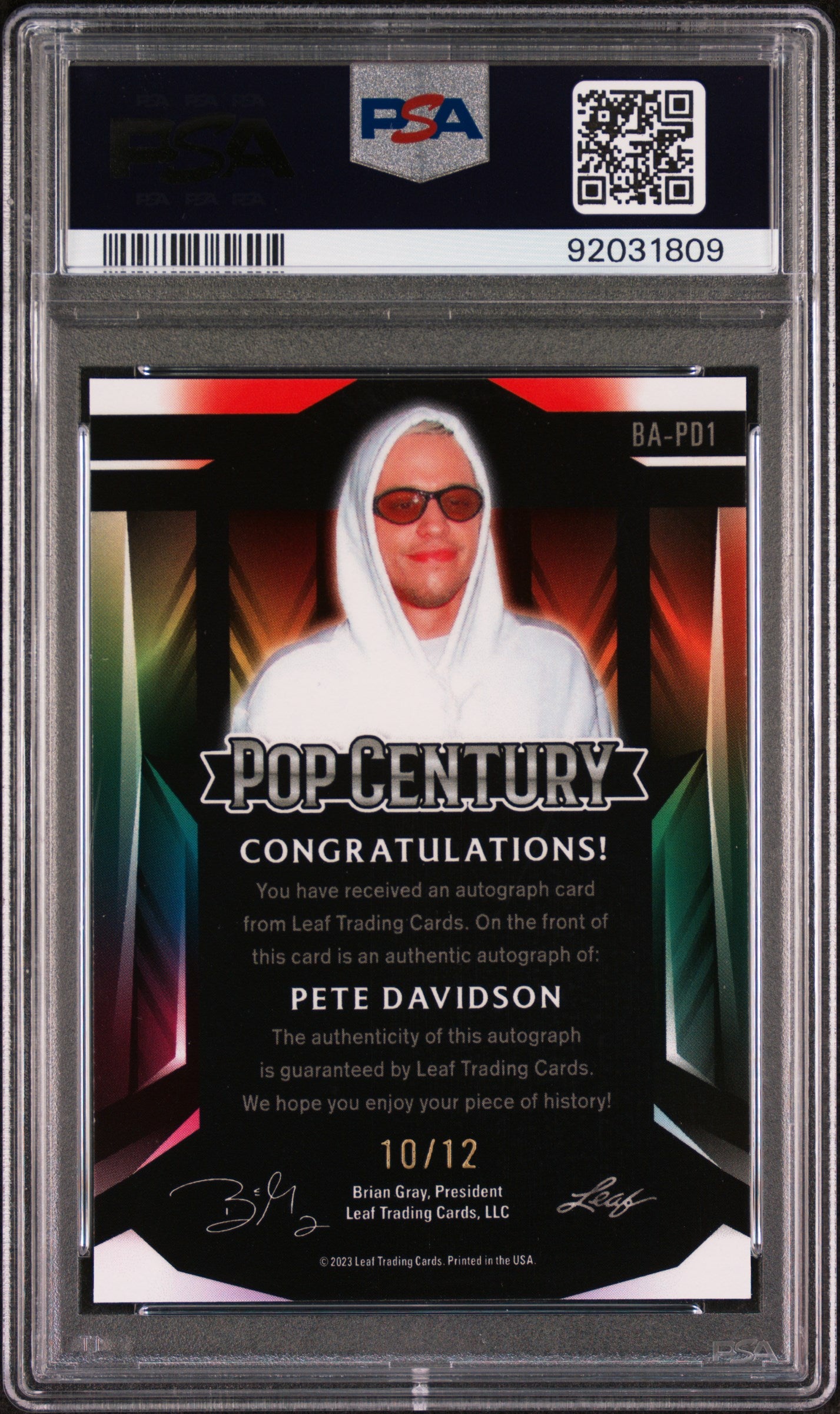 Pete Davidson 2023 Leaf Metal Pop Century Autograph AUTO #10/12 Black PSA 10