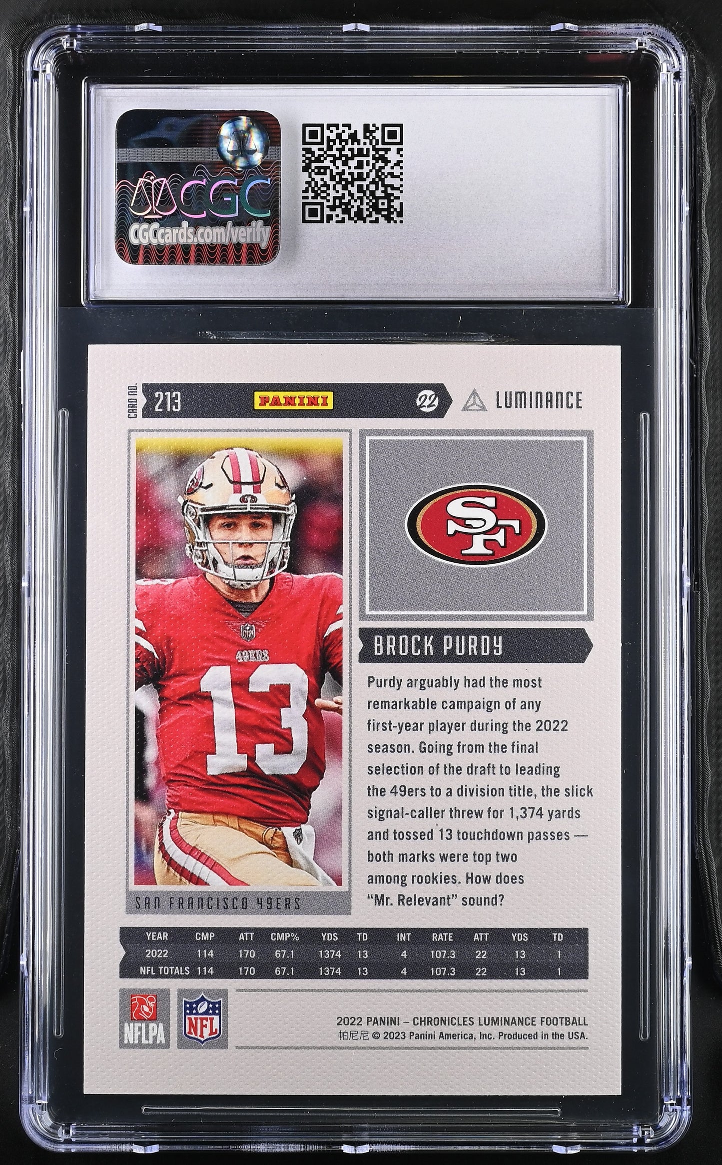 2022 Panini Chronicles Brock Purdy #213 Red Luminance CGC 9.5 /149 POP 1