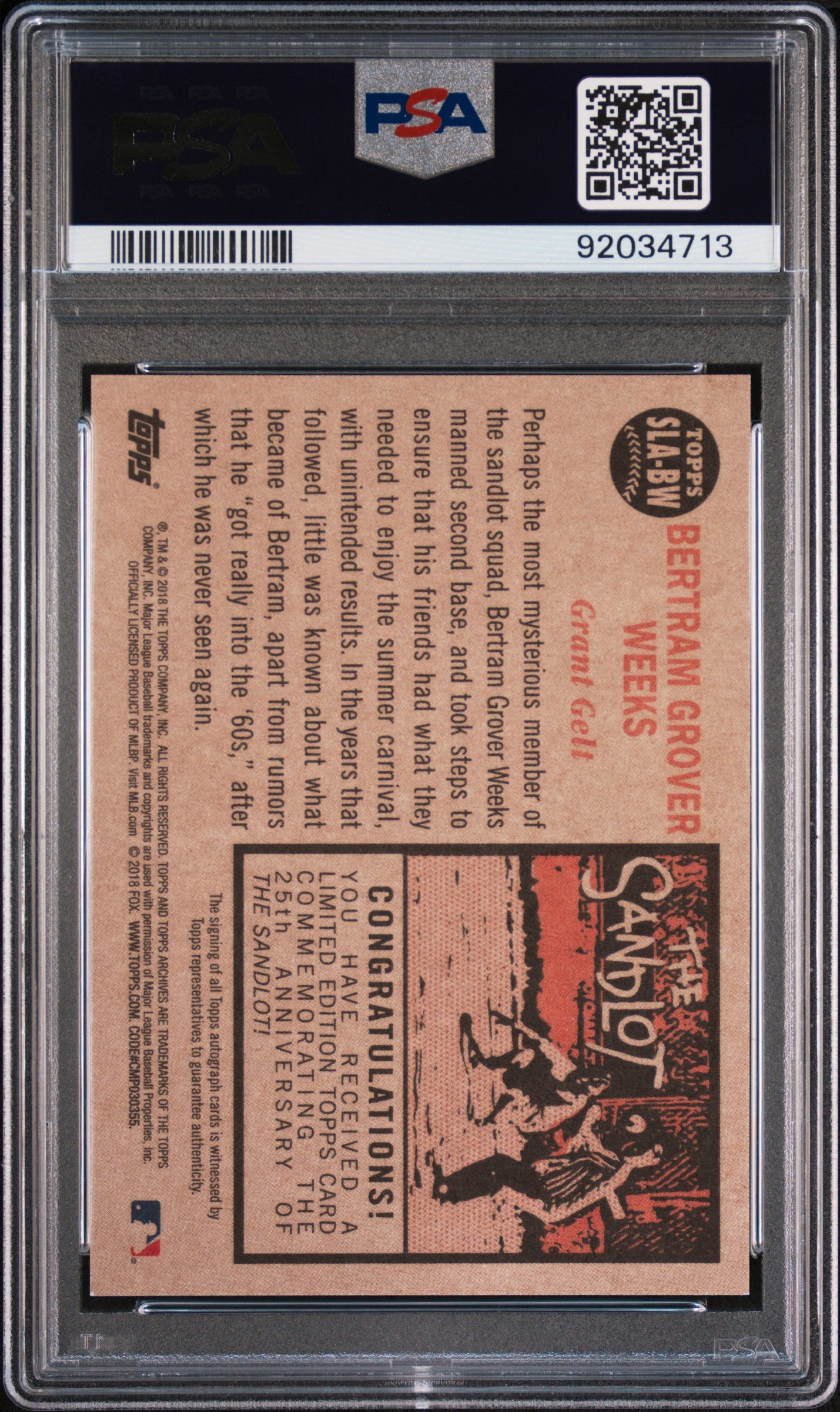 2018 Topps Archives The Sandlot Bertram Grover Weeks #BW Autograph PSA 9 POP 2