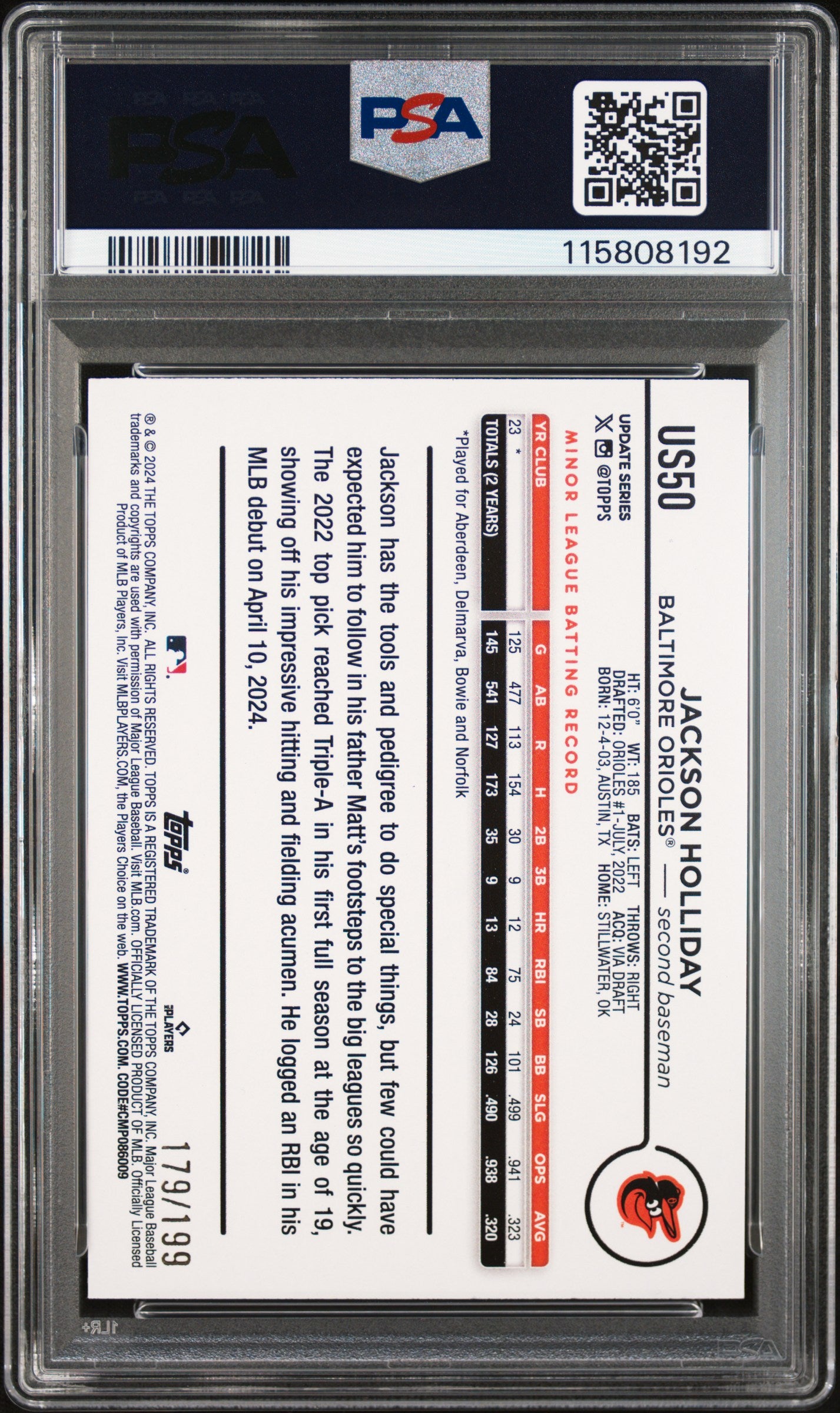 2024 Topps Update Jackson Holliday #US50 Red Crackle Foilboard #/199 PSA 9