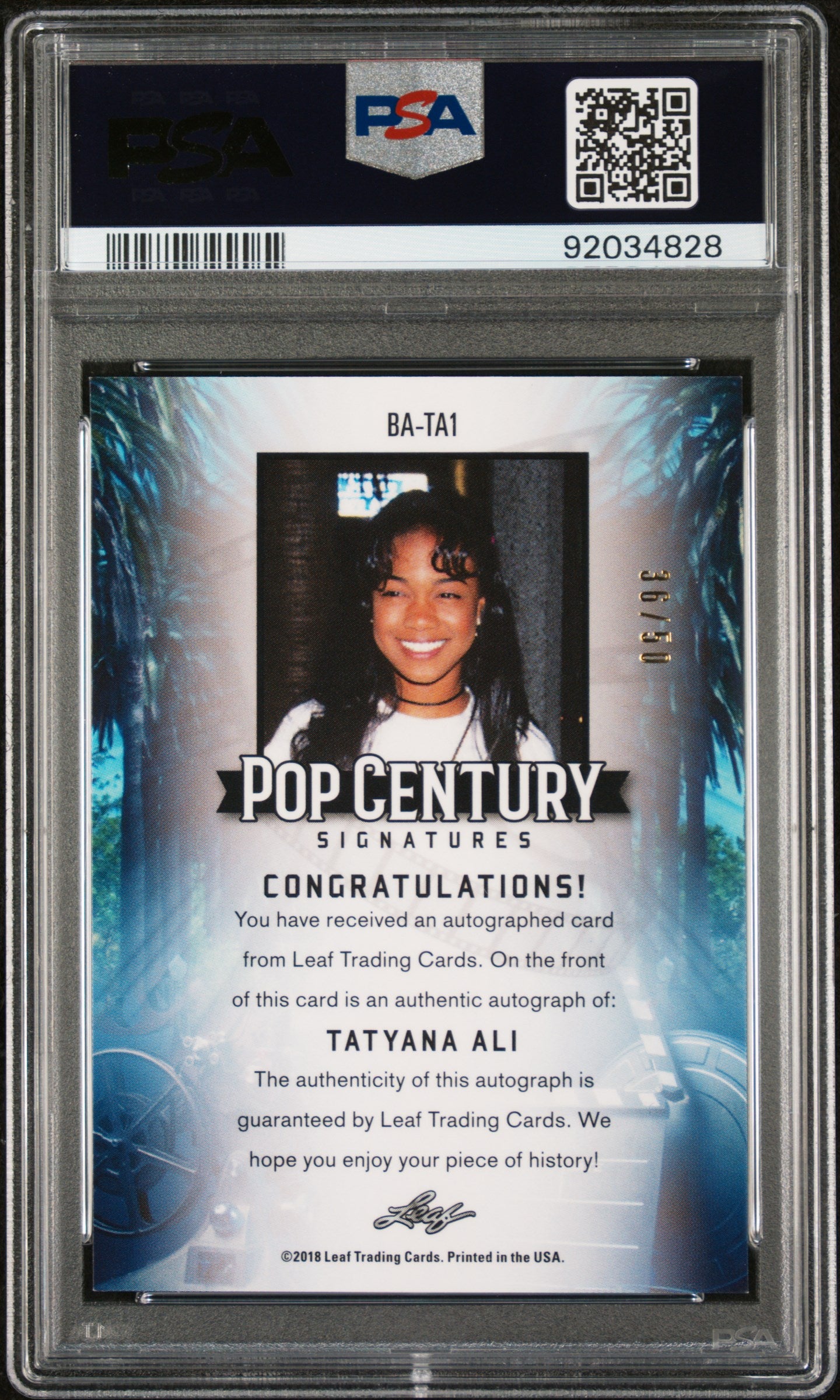 Tatyana Ali 2018 Leaf Pop Century Metal Signatures AUTO #/50 Blue PSA 9