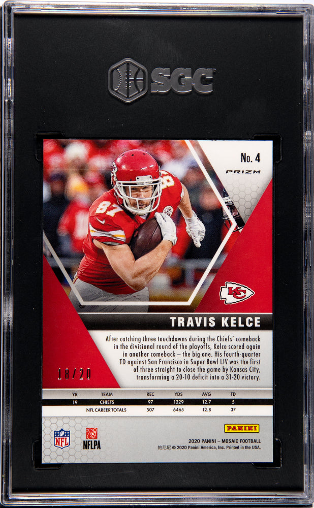 2020 Panini Mosaic Travis Kelce #4 Gold Fluorescent Prizm #18/20 SGC 10