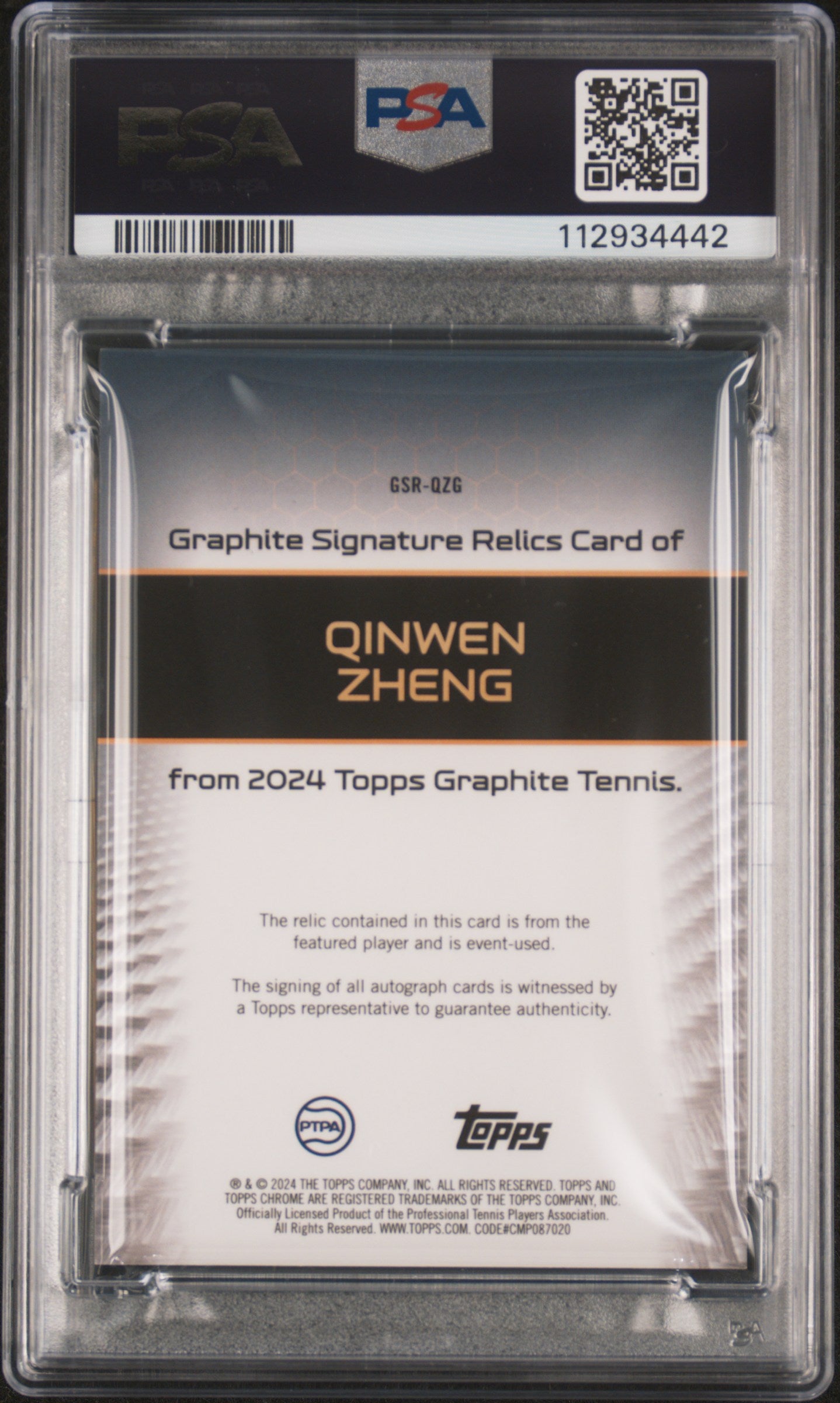 2024 Graphite Tennis auto Relics Qinwen Zheng Rlcs White Refractor 08/10 PSA 9