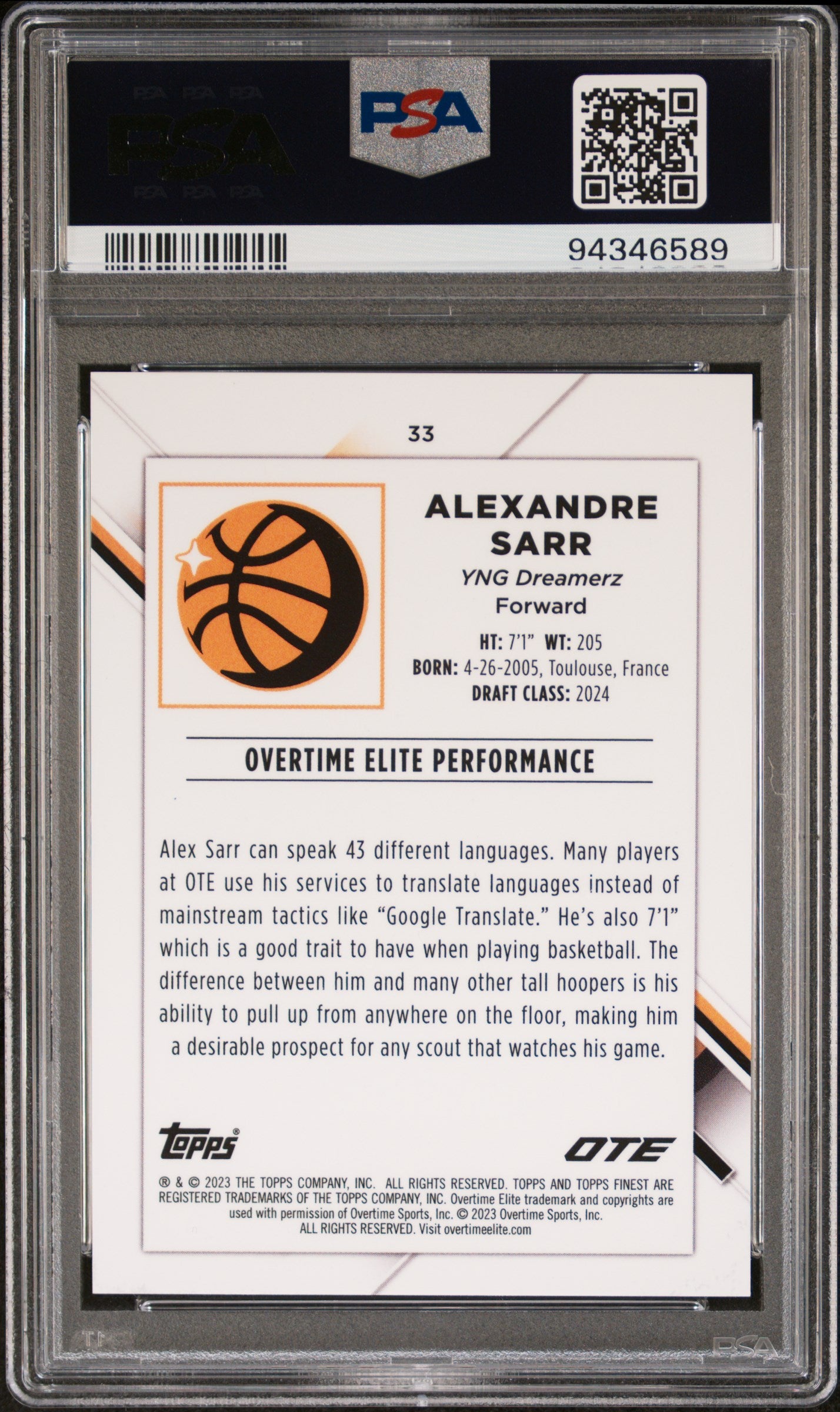 2022 Topps Finest Overtime Elite Alexandre Sarr #33 Aqua Wave #16/75 PSA 10