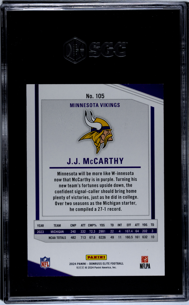 2024 Panini Elite JJ Mccarthy #105 Status Explosion SGC 9.5 /875