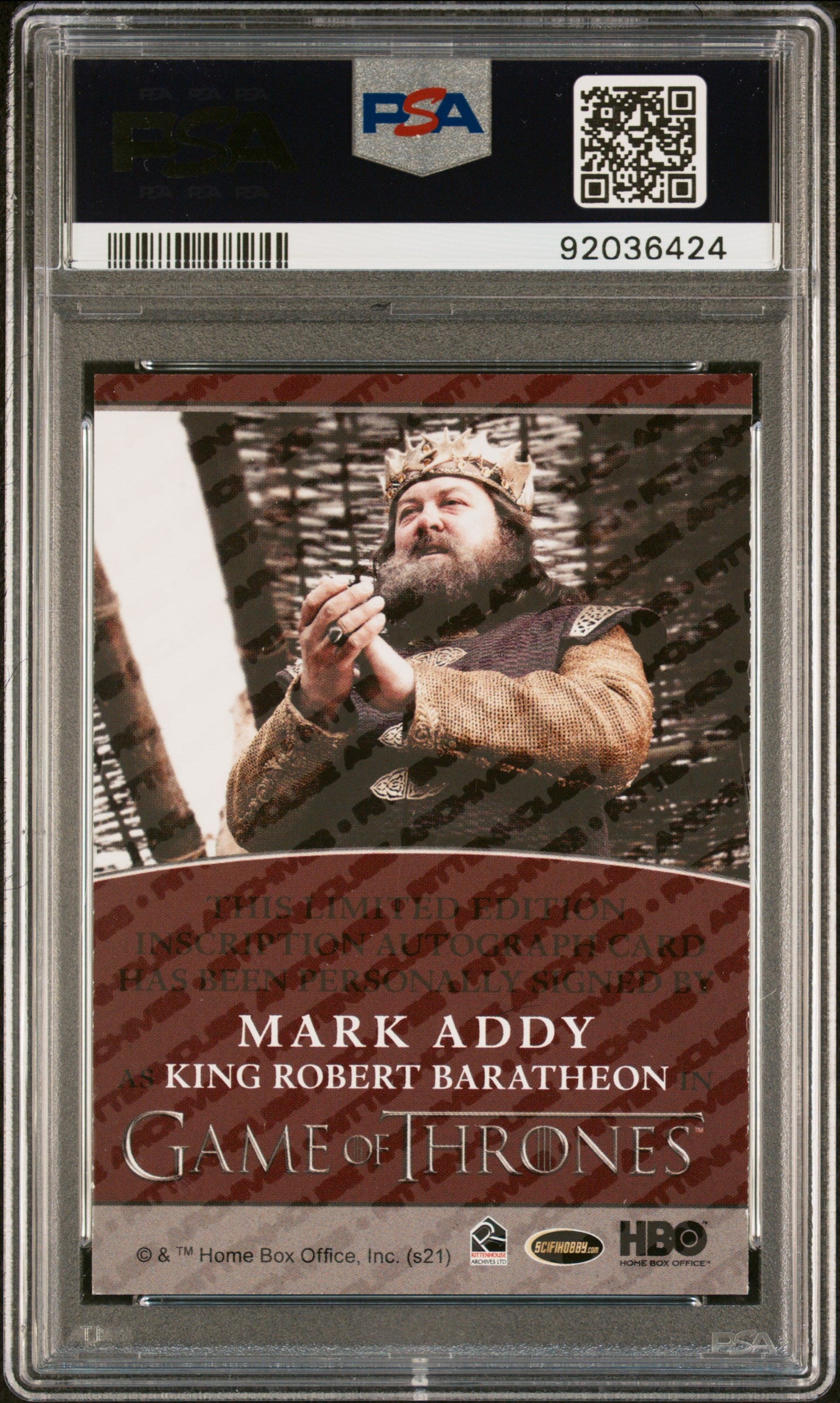 Mark Addy KING ROBERT BARATHEON 2021 Rittenhouse Game Of Thrones AUTO Insc PSA 8