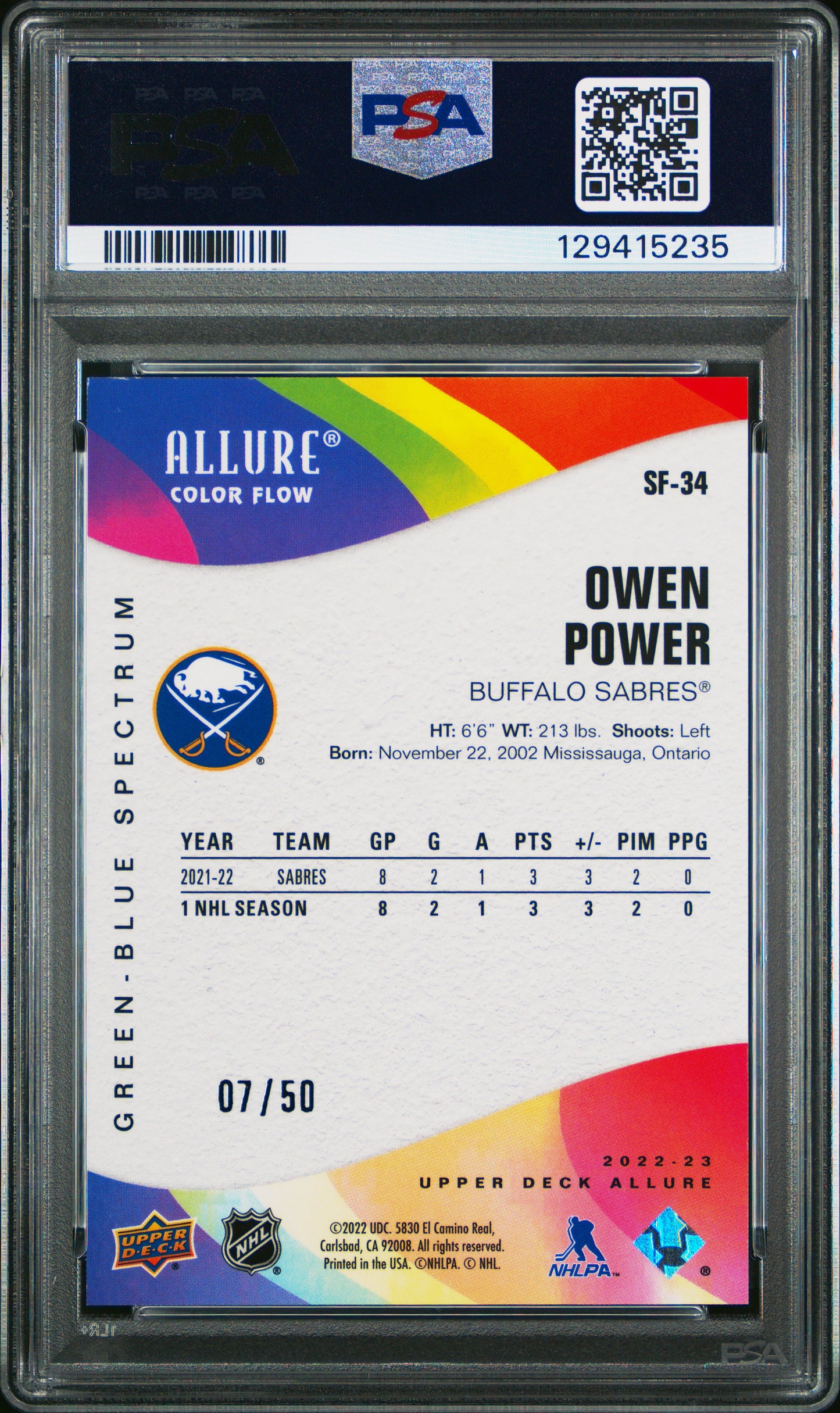 2022 Allure Color Flow Owen Power #SF34 Green Blue Spct PSA 9 7/50 pop 2