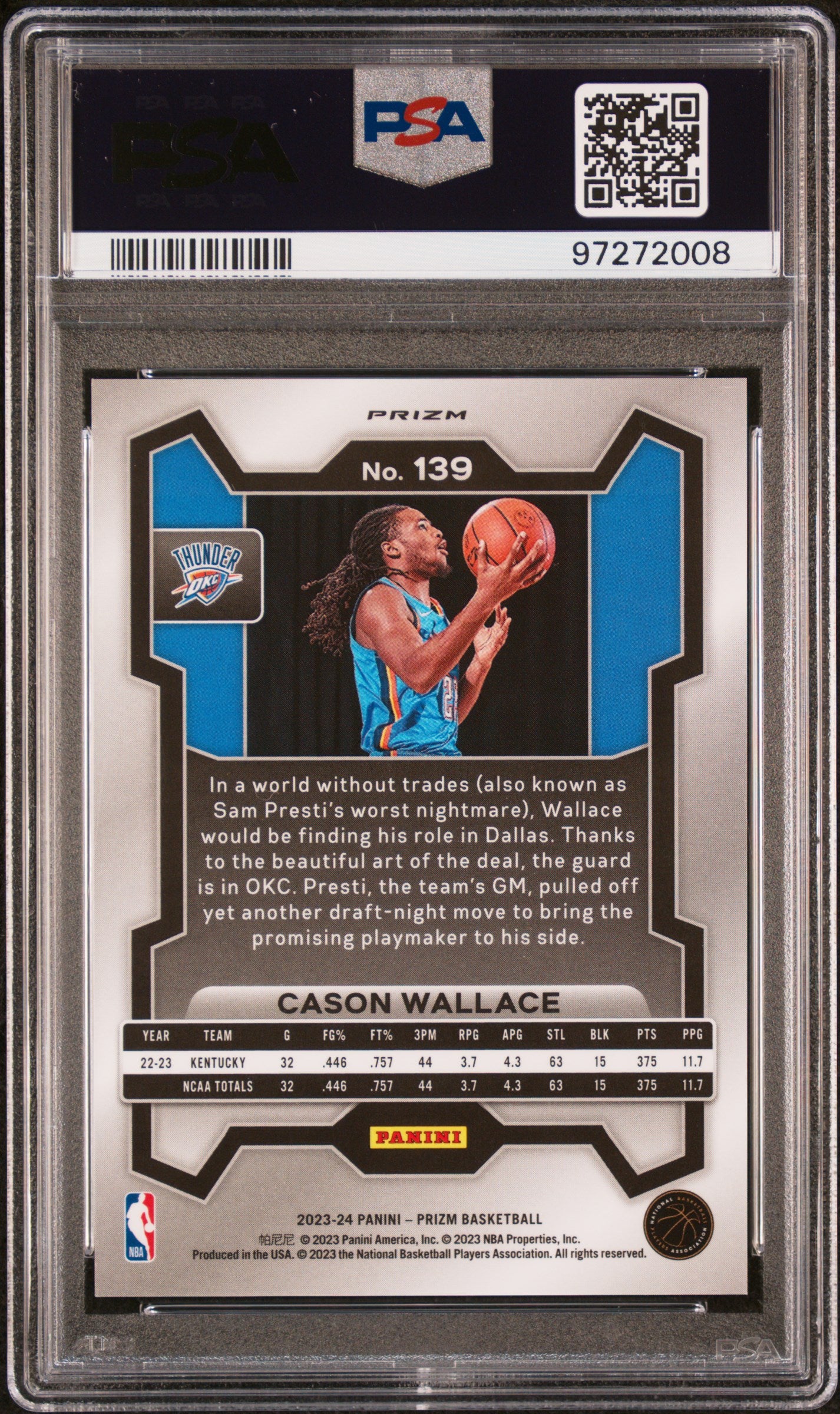 2023-24 Panini Prizm Cason Wallace #139 White Sparkle Rookie PSA 10