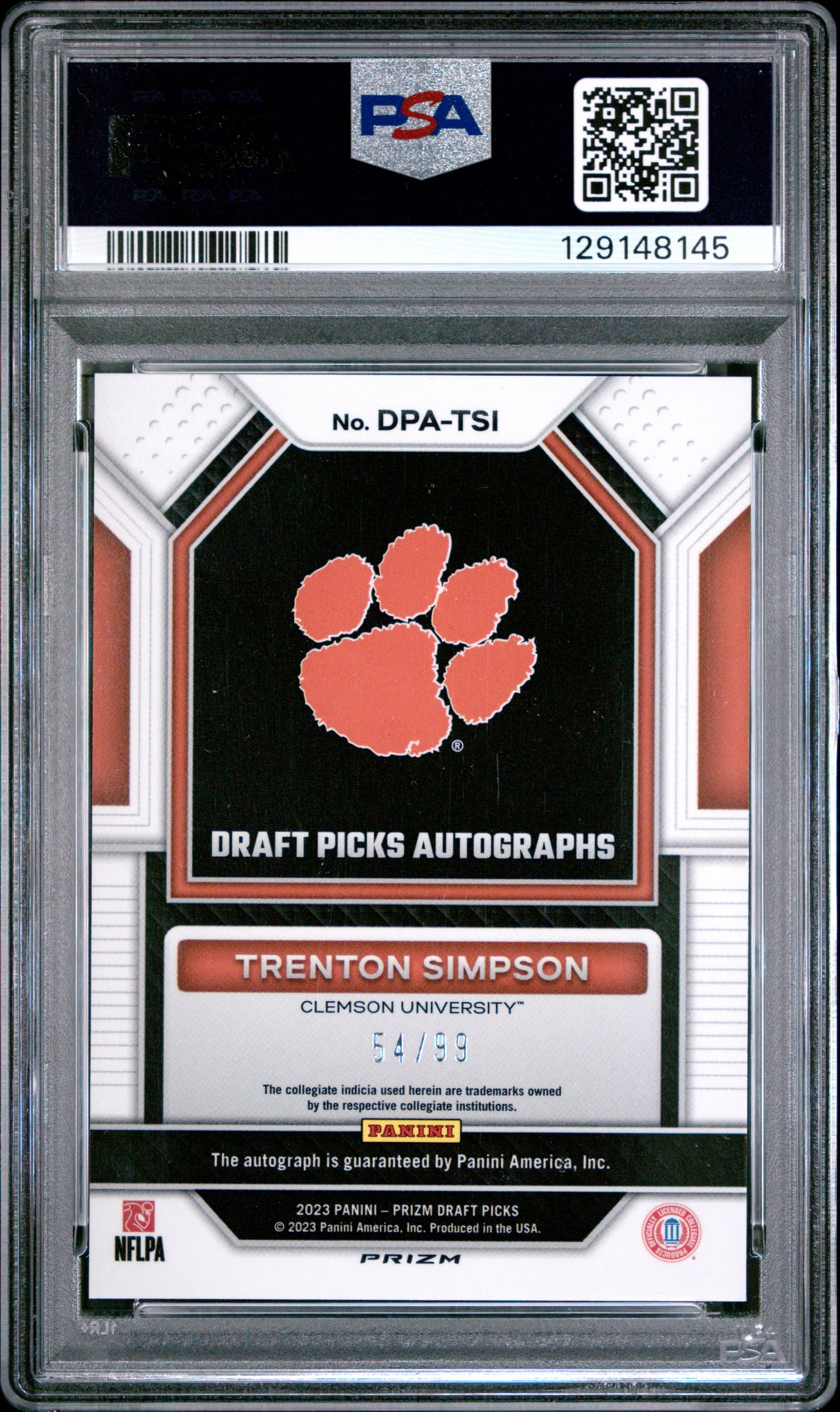 2023 Prizm Draft Picks Auto Trenton Simpson #DPATSI Red PSA 10 /99 pop 1