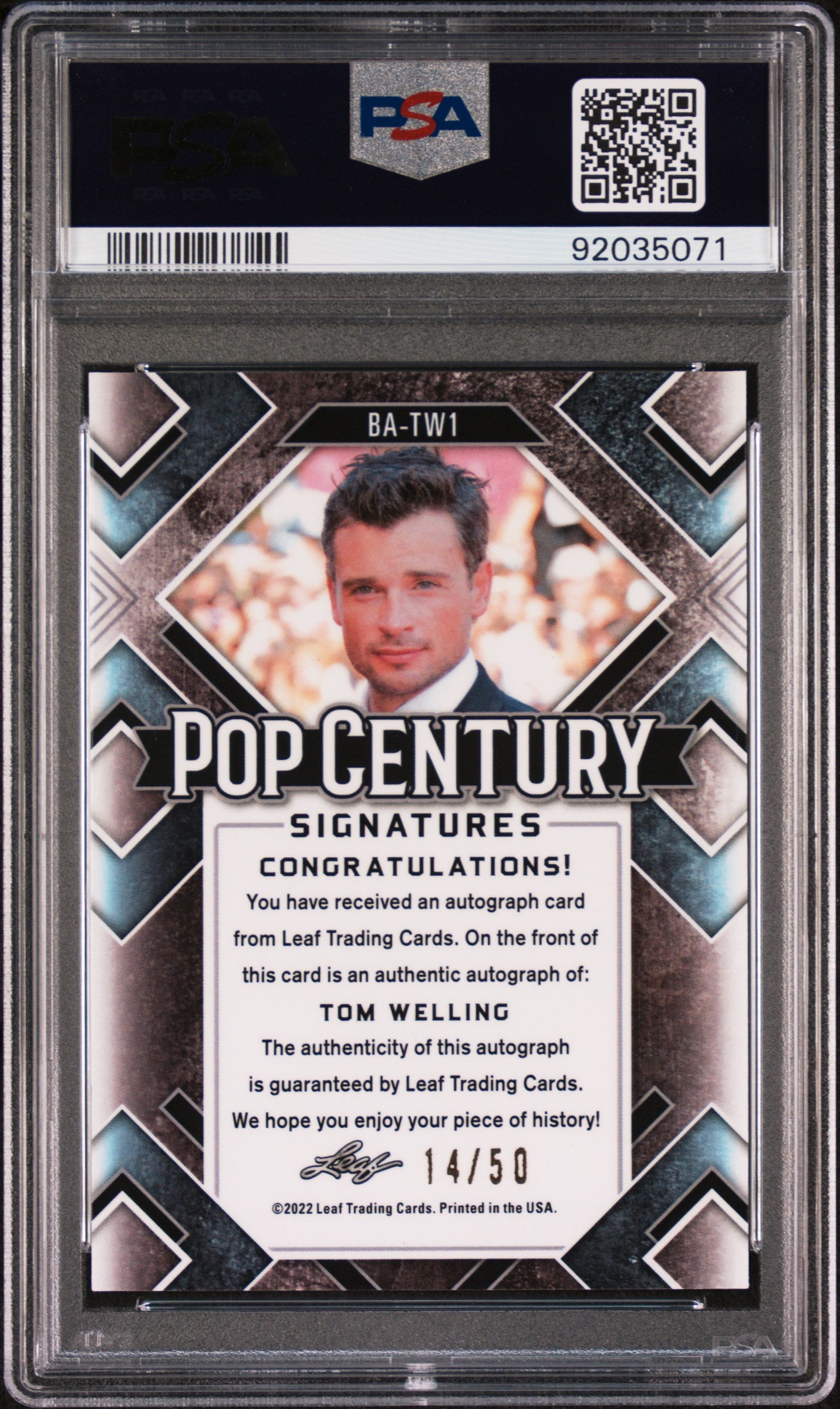 Tom Welling 2022 Leaf Metal Pop Century Autograph Auto Blue #14/50 PSA 9