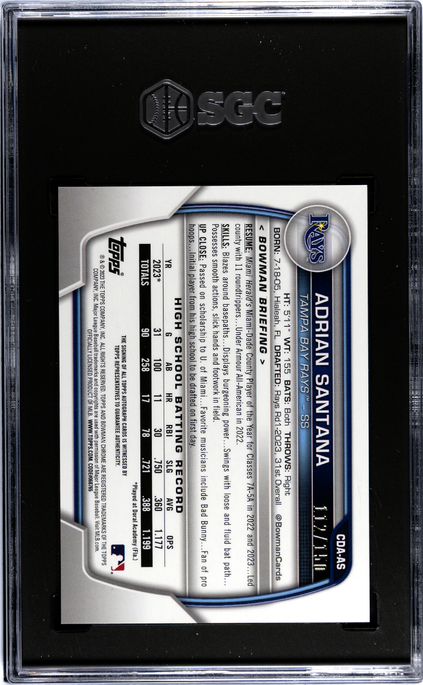 2023 Bowman Draft Adrian Santana CHR. Pros. Auto Blue Refractor SGC 9 /150