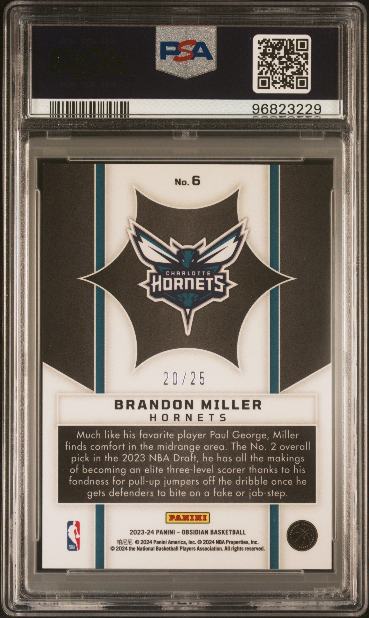 2023 Panini Obsidian Supernova Brandon Miller #6 Green Flood #20/ 25 PSA 9