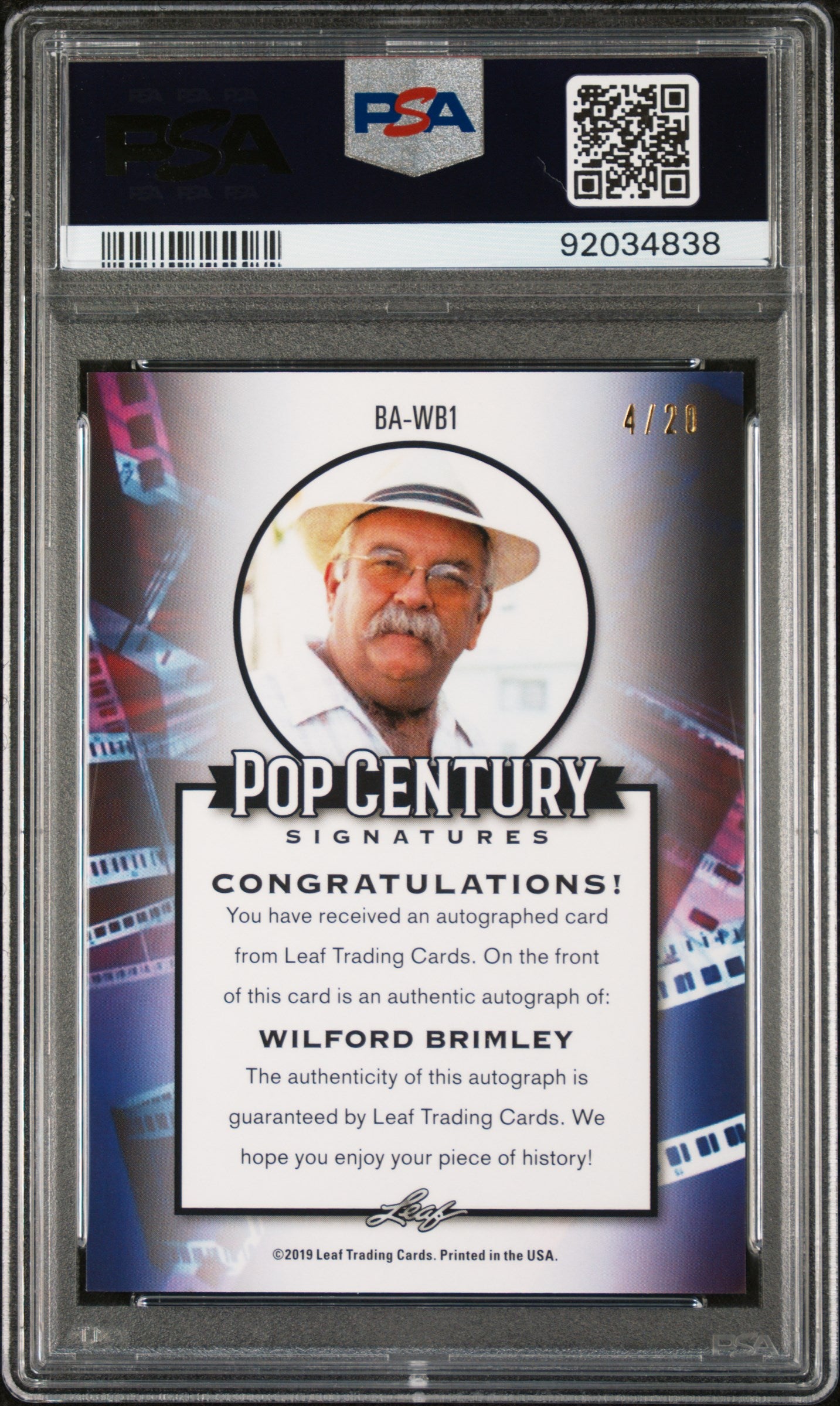 Wilford Brimley 2019 Leaf Metal Pop Century Autograph #4/20 Auto Blue PSA 10