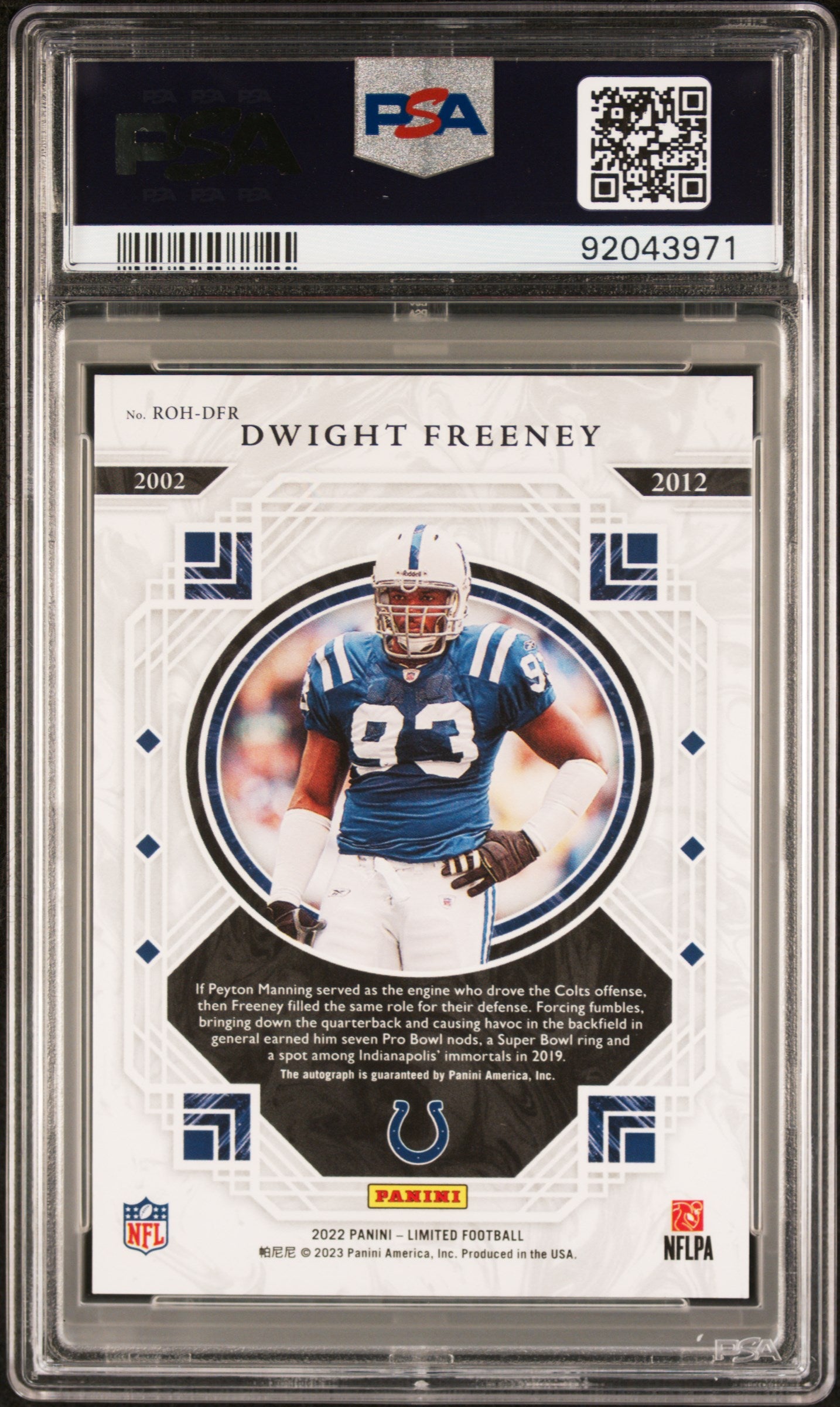 2022 Panini Limited Ring Of Honor Auto Dwight Freeney #5/5 Emerald PSA 9